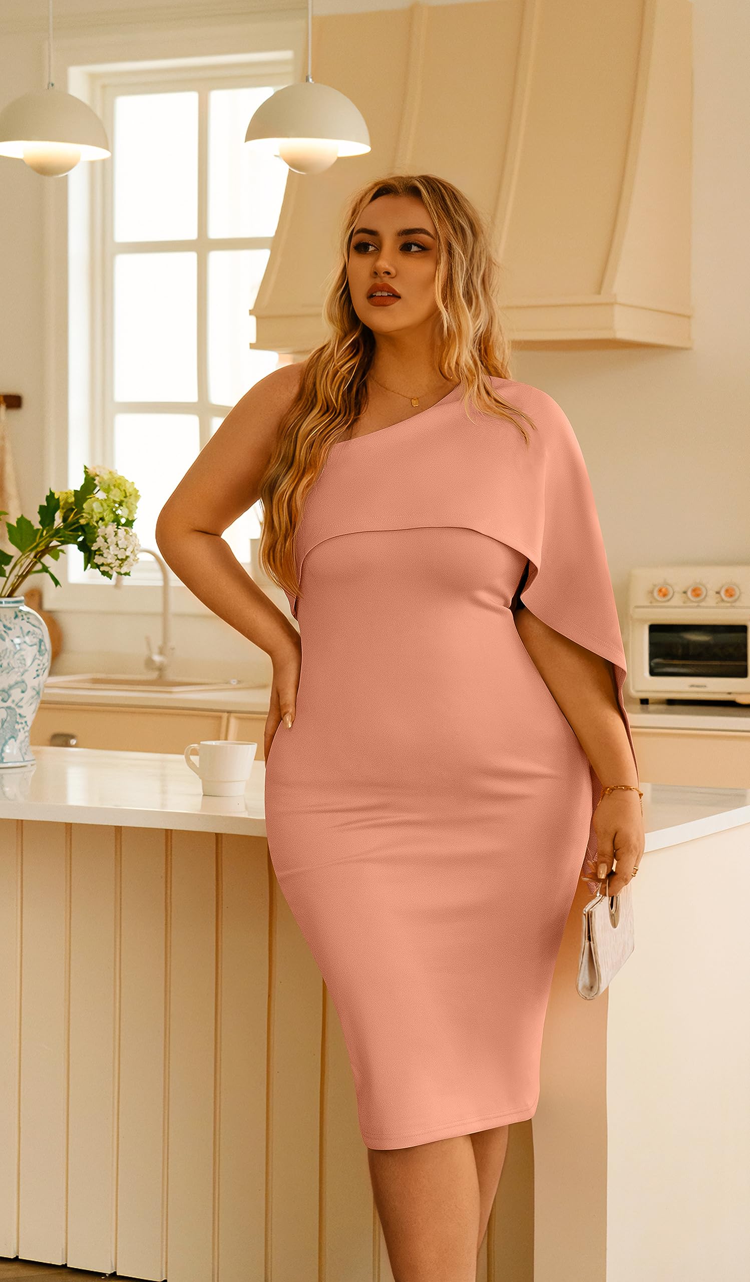 GOBLES Women's Asymmetrical One Shoulder Cape Bodycon Midi Dress | Elegant, Party, Cocktail