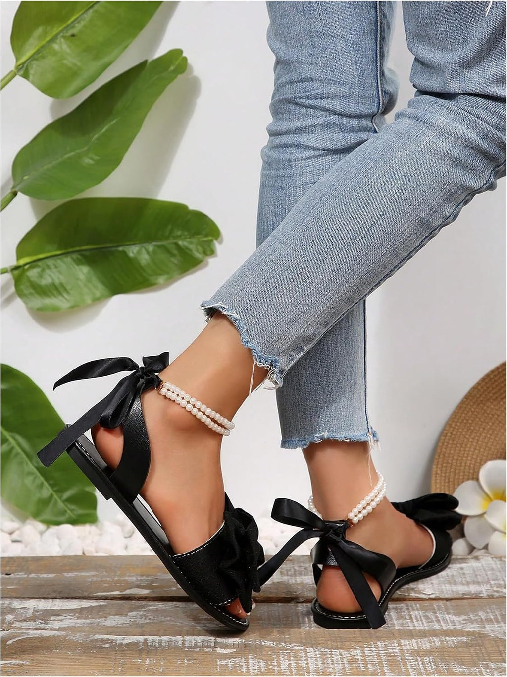 GORGLITTER Women's Bow Pearl Open Toe Ankle Strap Sandals Slippers Shoes | Sandals with Bow,Sandals Women Comfortable, Dressy Sandals Women, Y2k Dress Sandals for Women