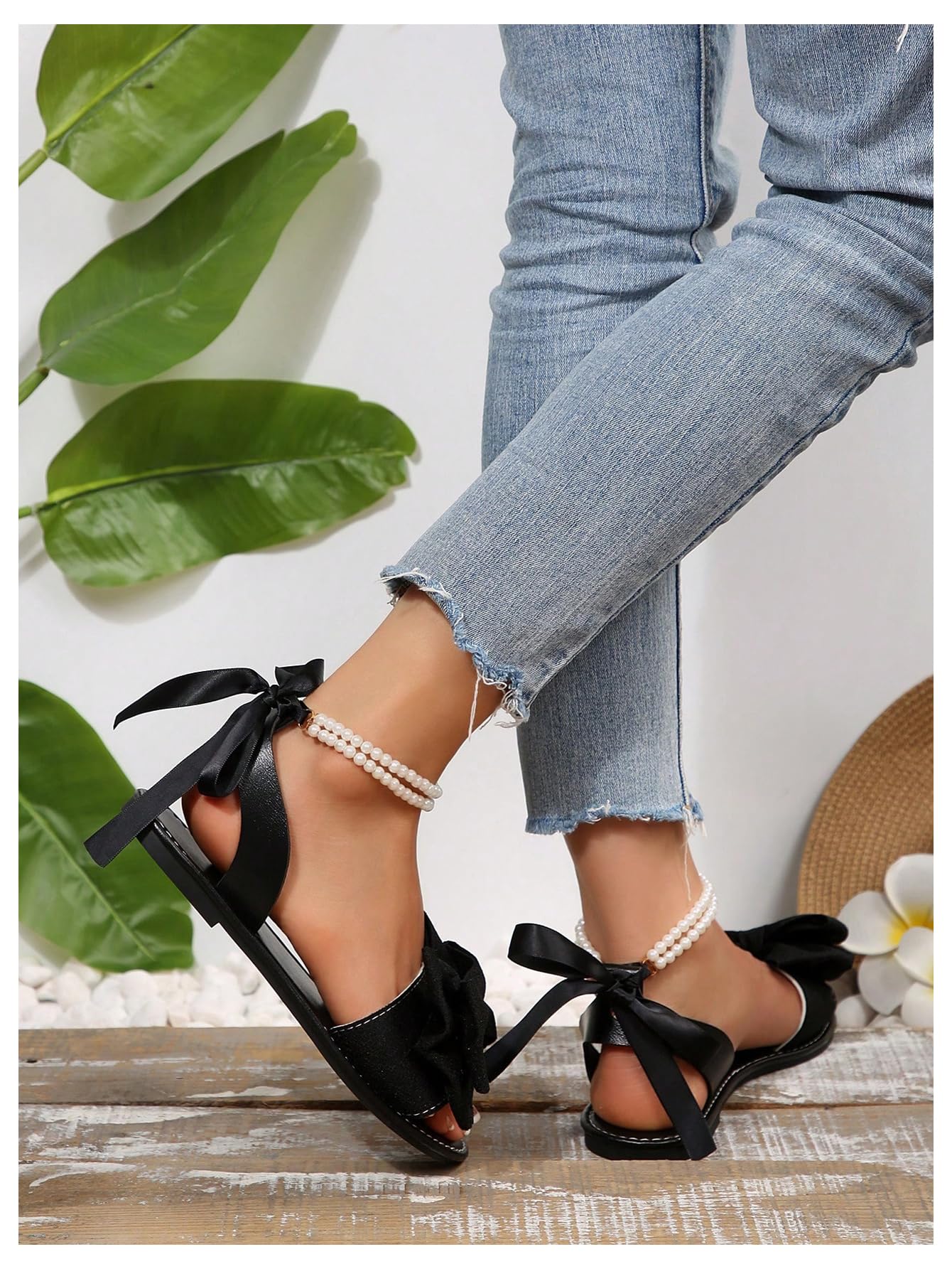 GORGLITTER Women's Bow Pearl Open Toe Ankle Strap Sandals Slippers Shoes | Sandals with Bow,Sandals Women Comfortable, Dressy Sandals Women, Y2k Dress Sandals for Women