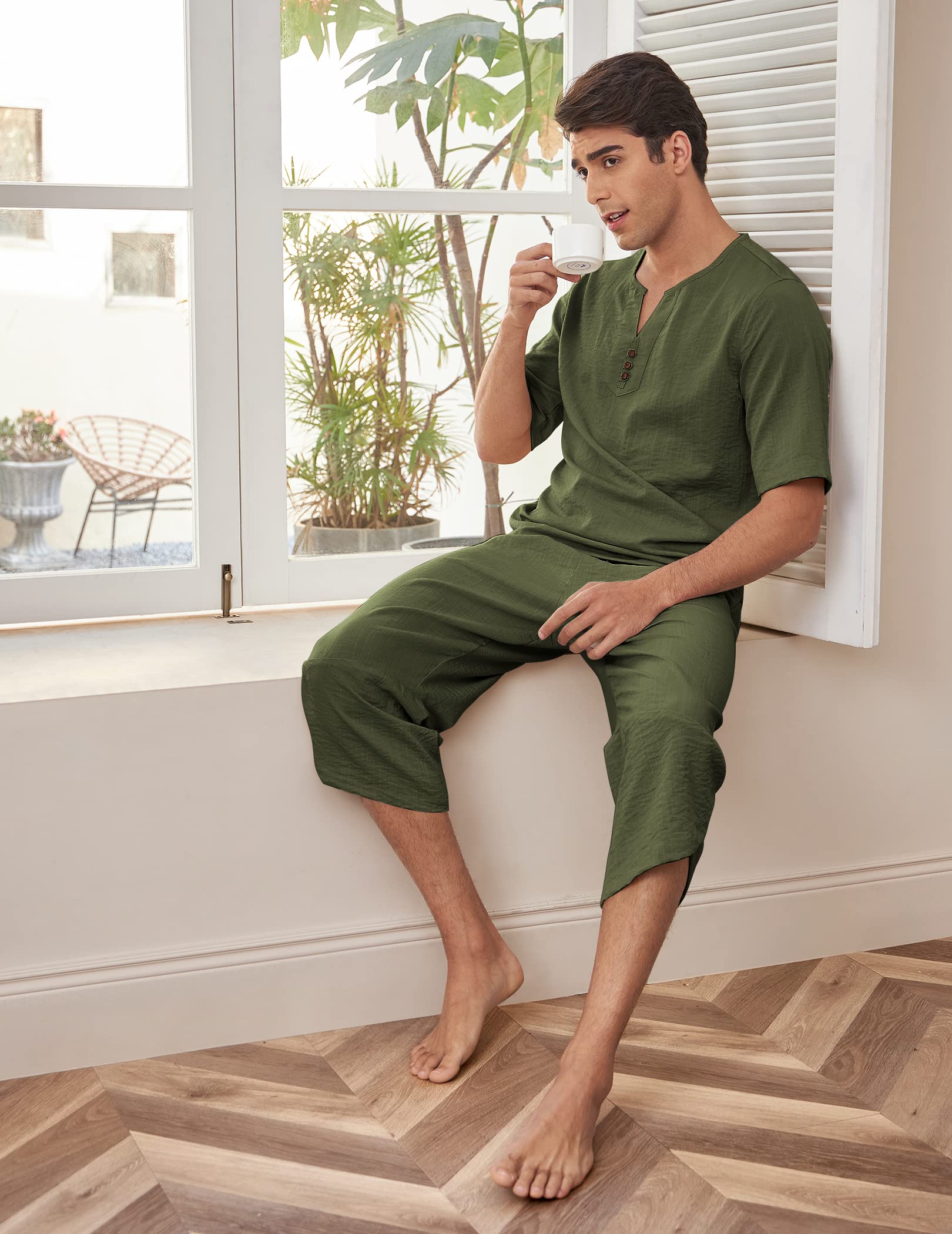 COOFANDY Men's 2 Pieces Linen Set Henley Shirt Short Sleeve and Harem Capri Pants Wide Leg Baggy Beach Yoga Trousers Outfits
