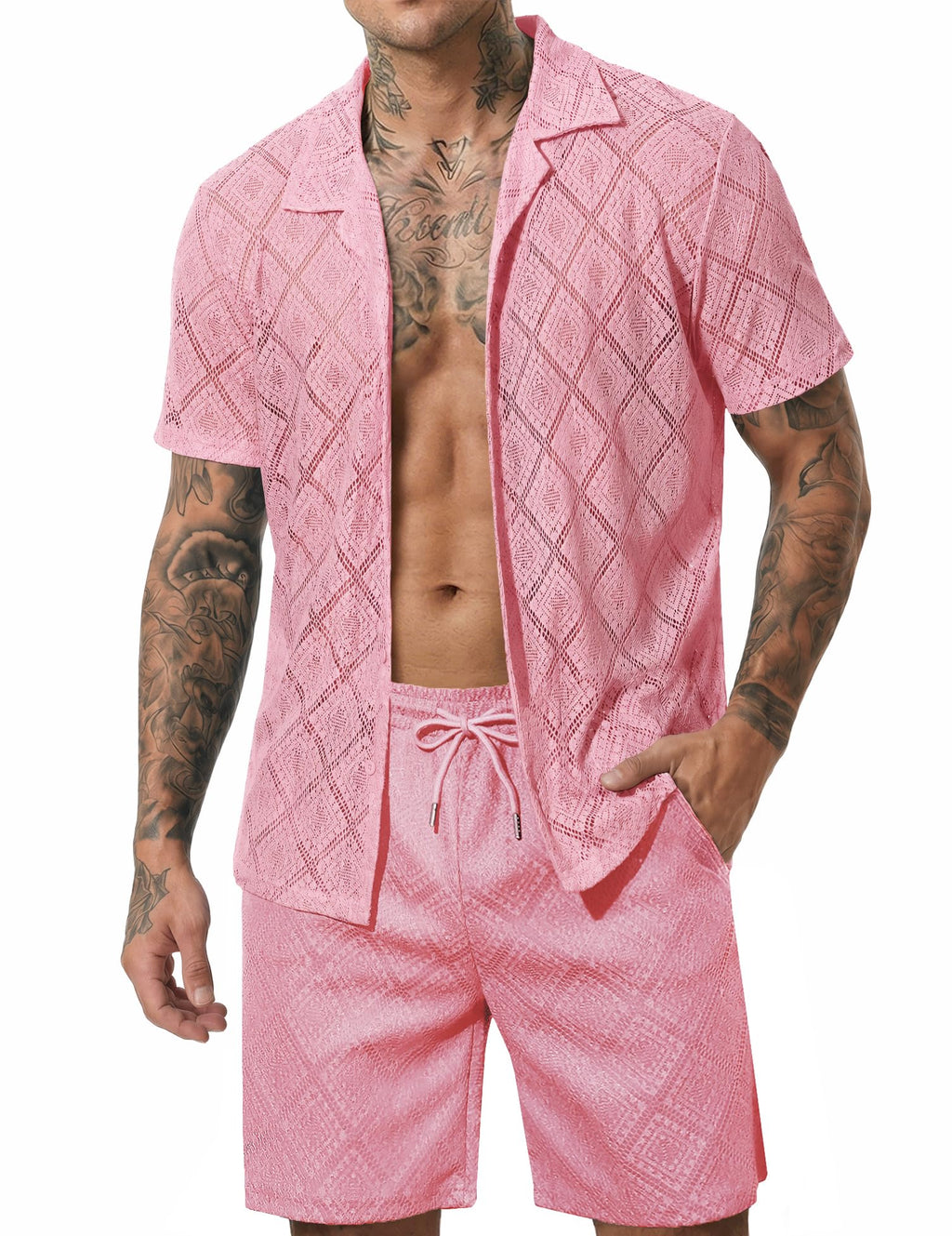 Men 2 Piece Shorts Set Sexy Lace Mesh Sheer Short Sleeve Summer Rave Outfit