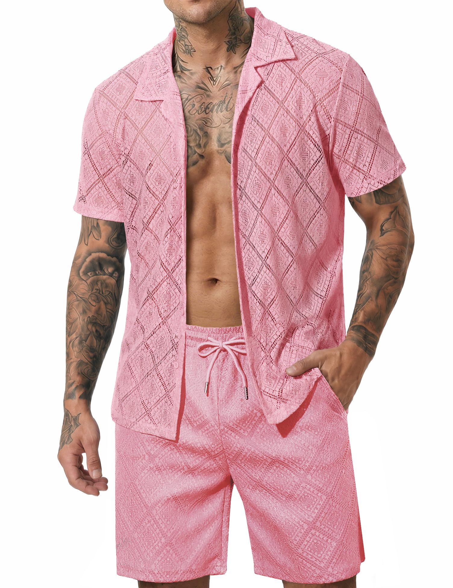 Men 2 Piece Shorts Set Sexy Lace Mesh Sheer Short Sleeve Summer Rave Outfit