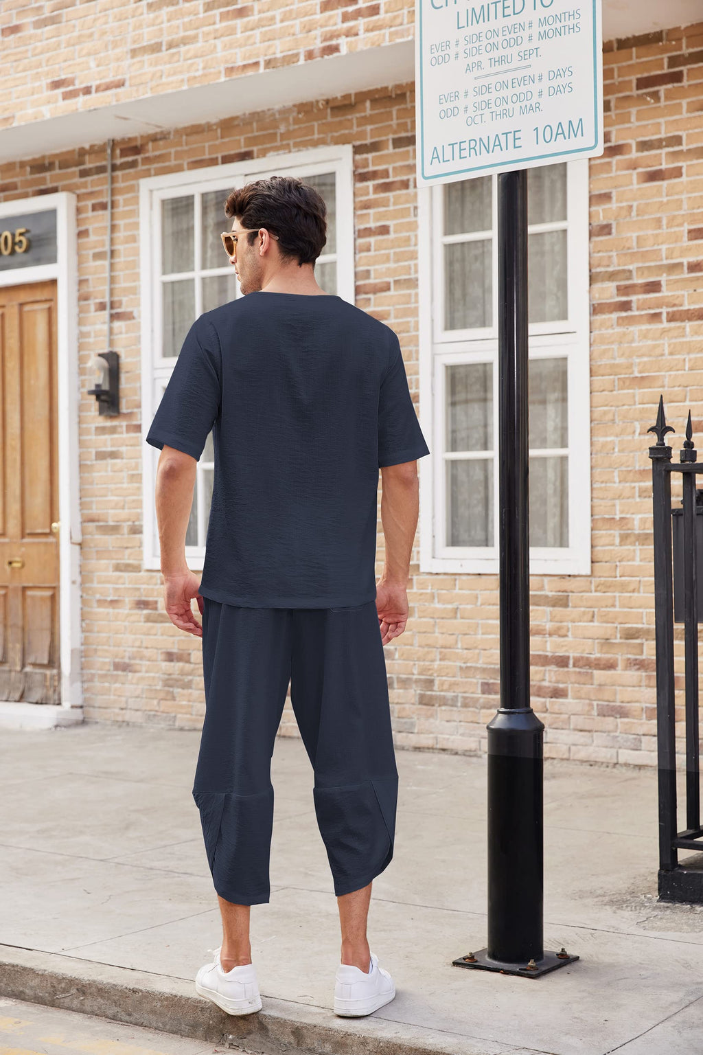 COOFANDY Men's 2 Pieces Linen Set Henley Shirt Short Sleeve and Harem Capri Pants Wide Leg Baggy Beach Yoga Trousers Outfits
