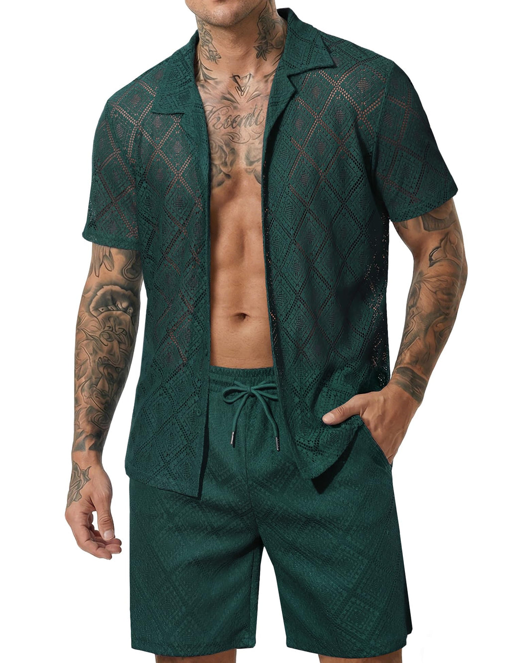 Men 2 Piece Shorts Set Sexy Lace Mesh Sheer Short Sleeve Summer Rave Outfit