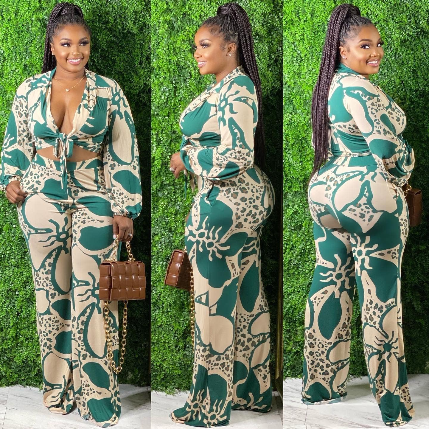 2 Piece Outfits for Women Sexy V Neck Print Shirts Tie Knot Batwing Blouses Crop Top Wide Leg Pants Set