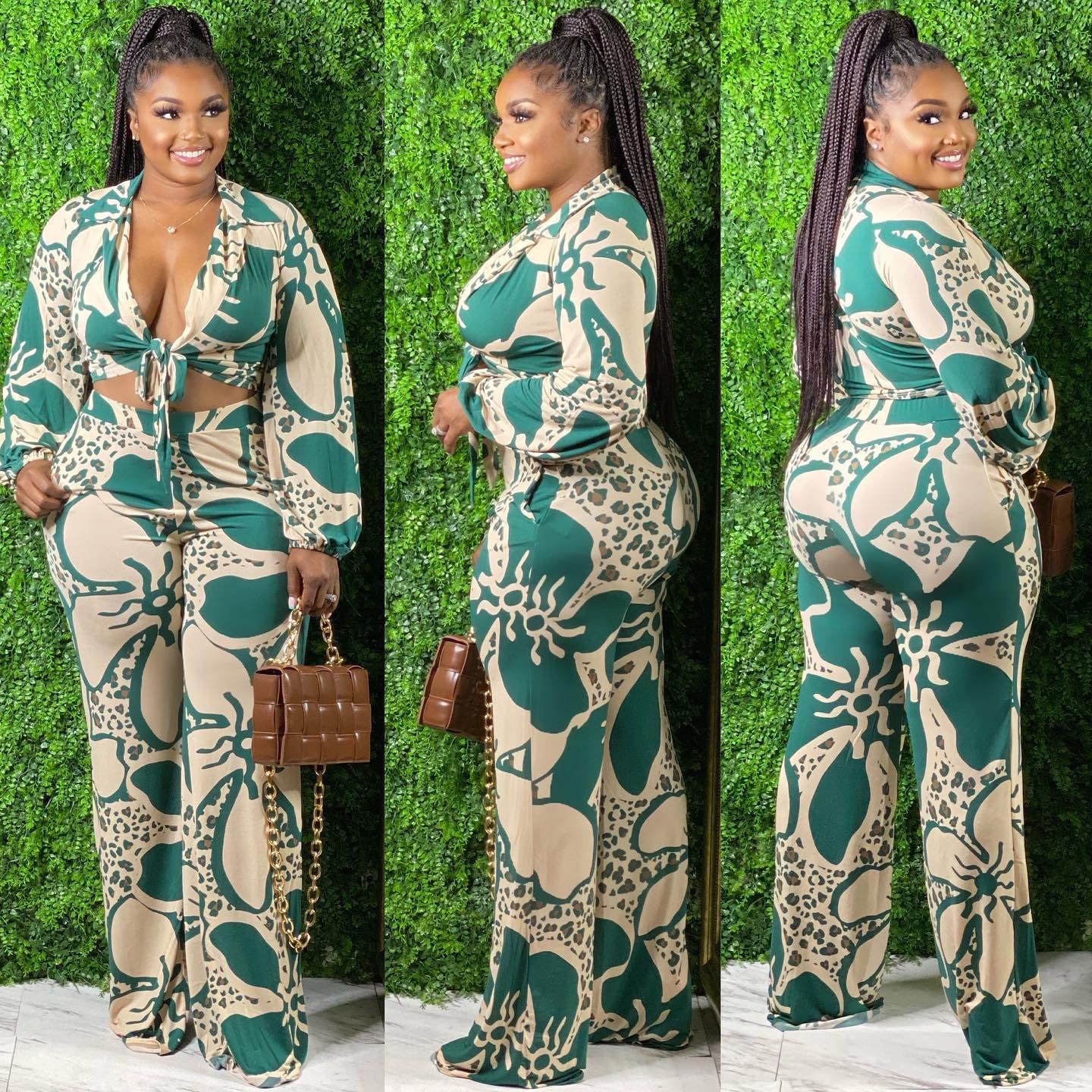 2 Piece Outfits for Women Sexy V Neck Print Shirts Tie Knot Batwing Blouses Crop Top Wide Leg Pants Set