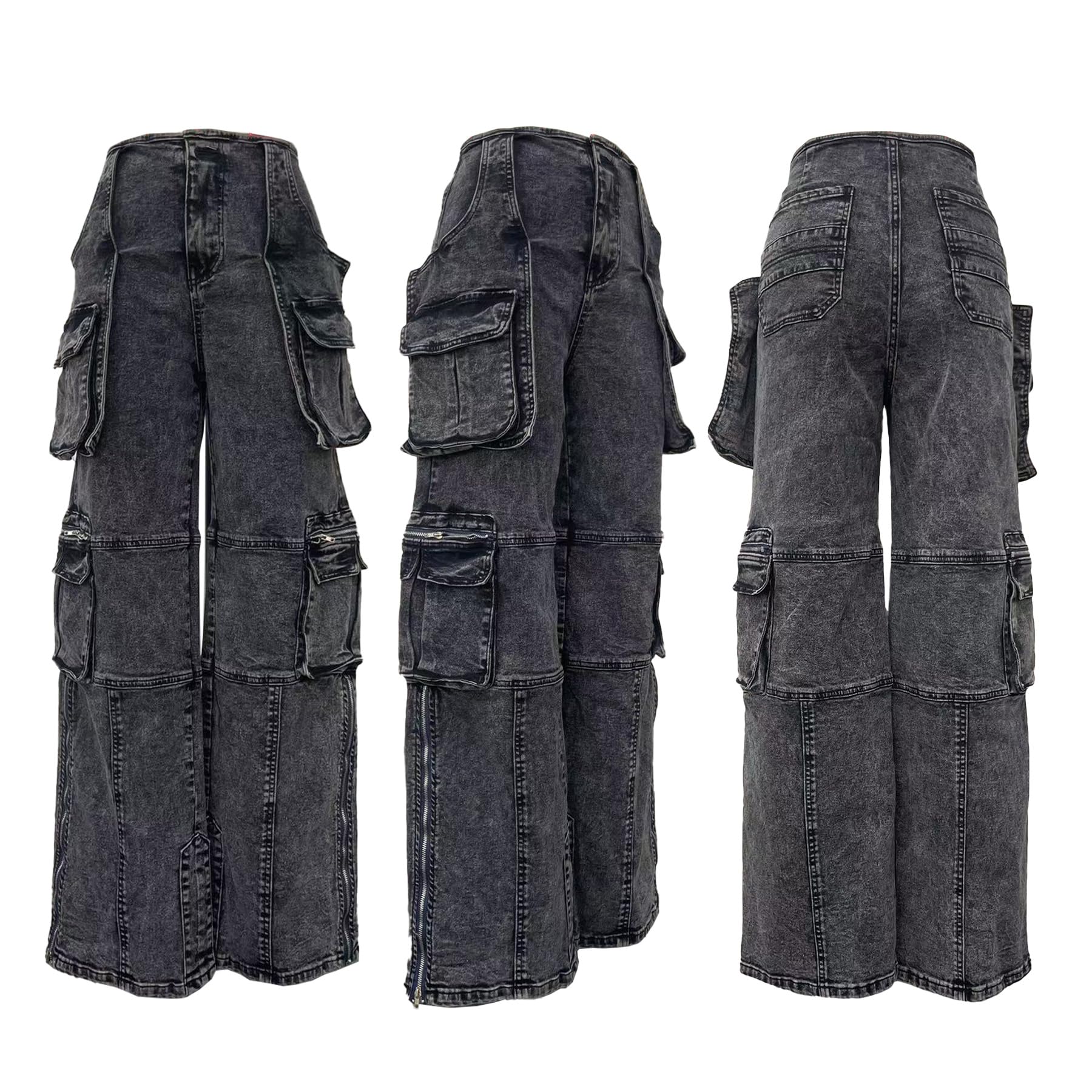 Women's Novelty Fashion Zip Side Slit High Waist Denim Jeans Pants with Multi Pockets