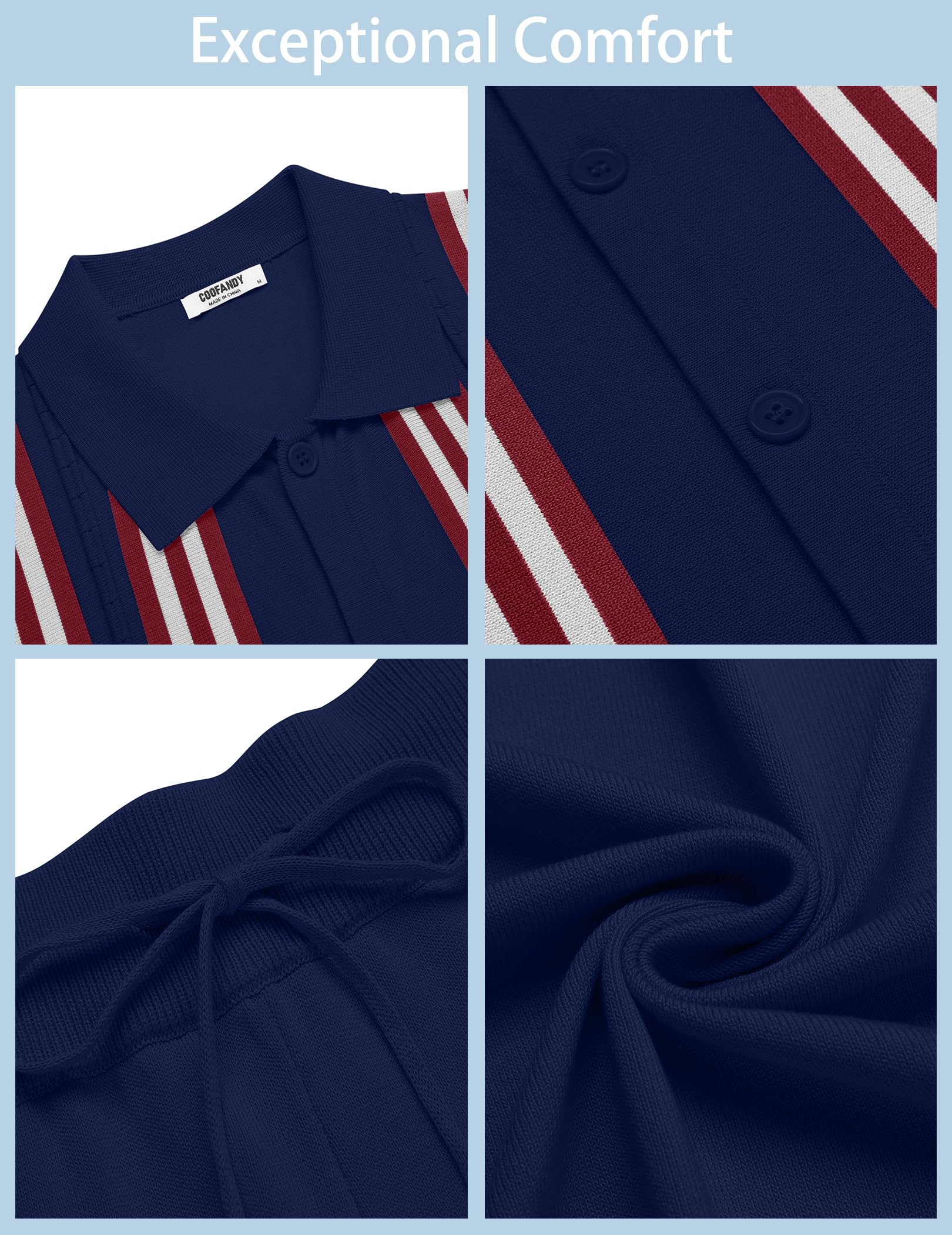COOFANDY Men's 2 Piece Outfits Summer Short Sets Vintage Knit Button Down Shirt Short Sleeve Polo Casual Beach Suits