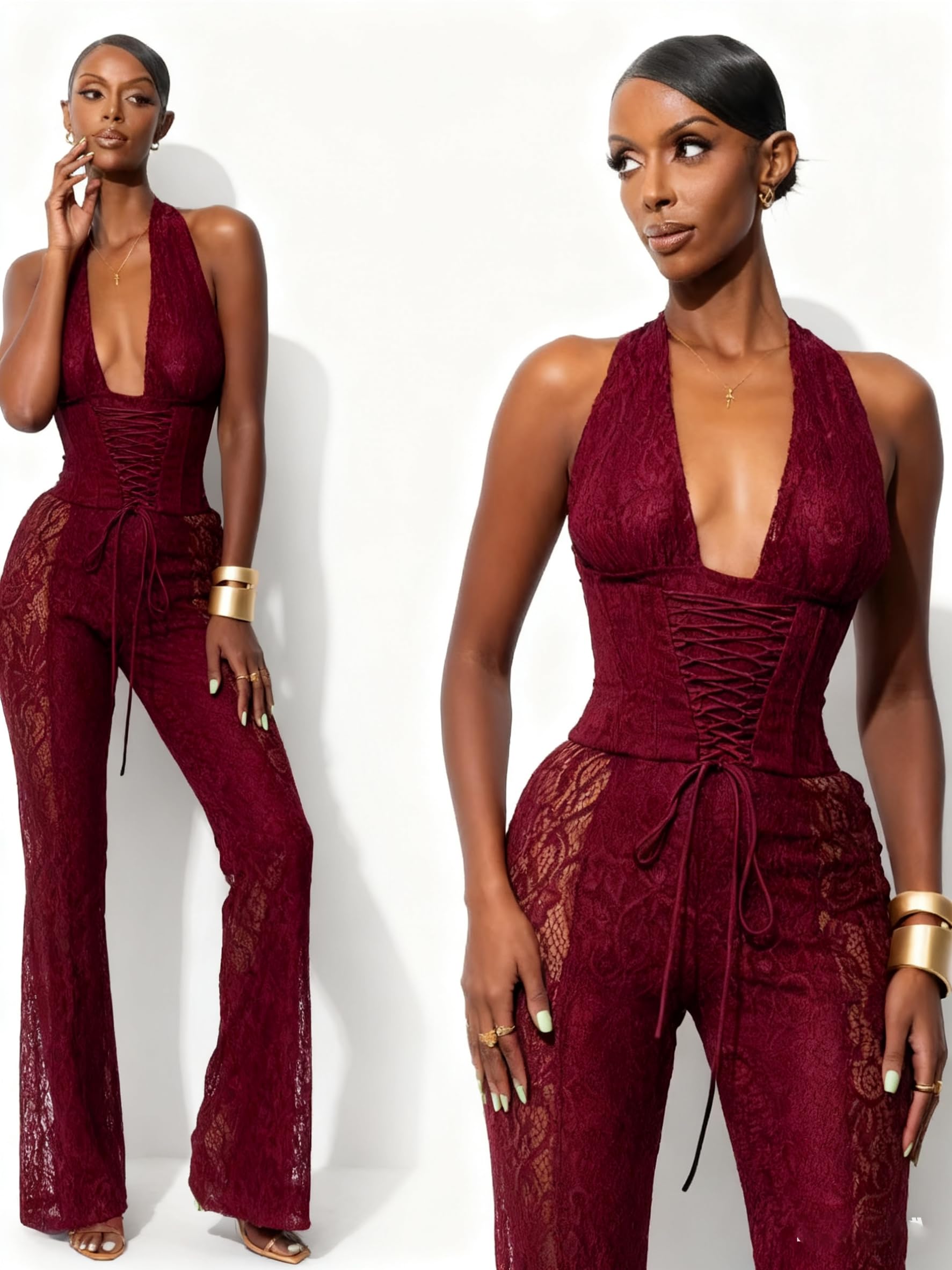 Wuitrie Lace Jumpsuits for Women Sexy See Through Deep V Neck Halter Tops and Flare Pant One Piece Romper Party Club Outfits