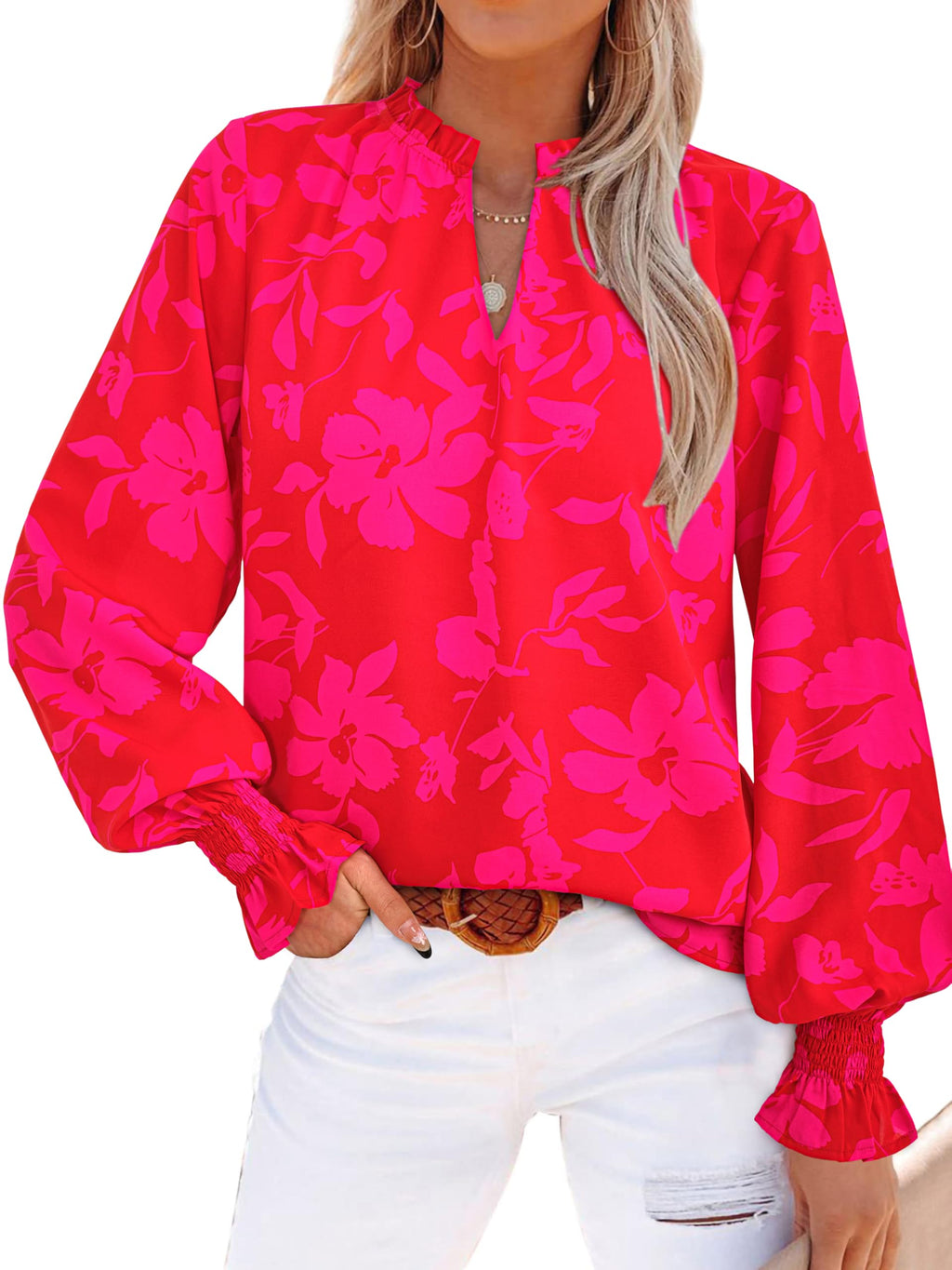 MASCOMODA Womens Boho Floral Long Sleeve Loose Chiffon Blouses | Puff Sleeve Ruffle V Neck Tops, Work Blouses for Women Dressy Casual, 2026 Summer T Shirts, Hawaiian Shirts for Women
