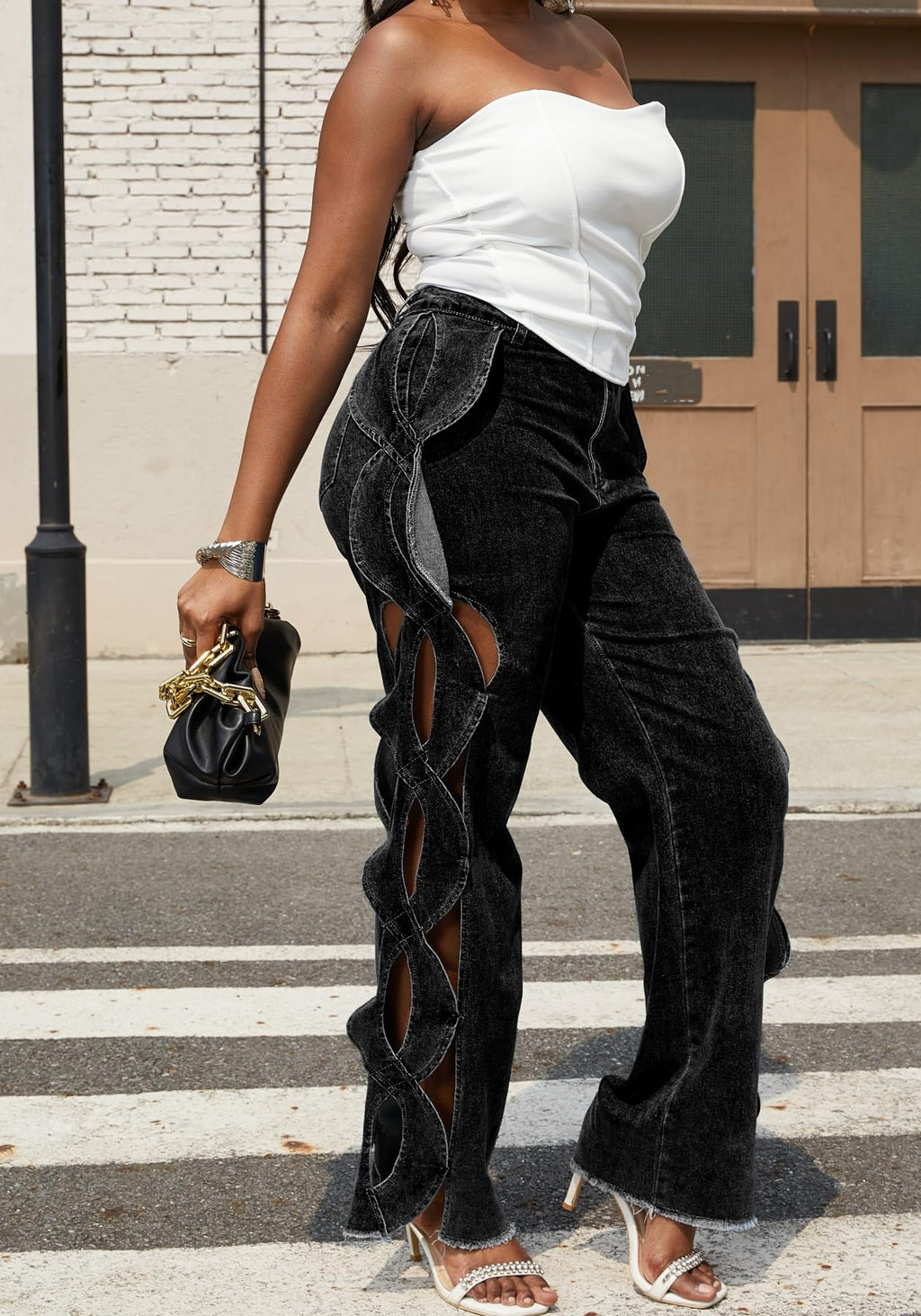 Vaceky Women's Twist Cutout Wide Leg Jeans Lightweight Denim Pant | Modern Patchwork Detail for Brunch, City Outings & Weekend Looks