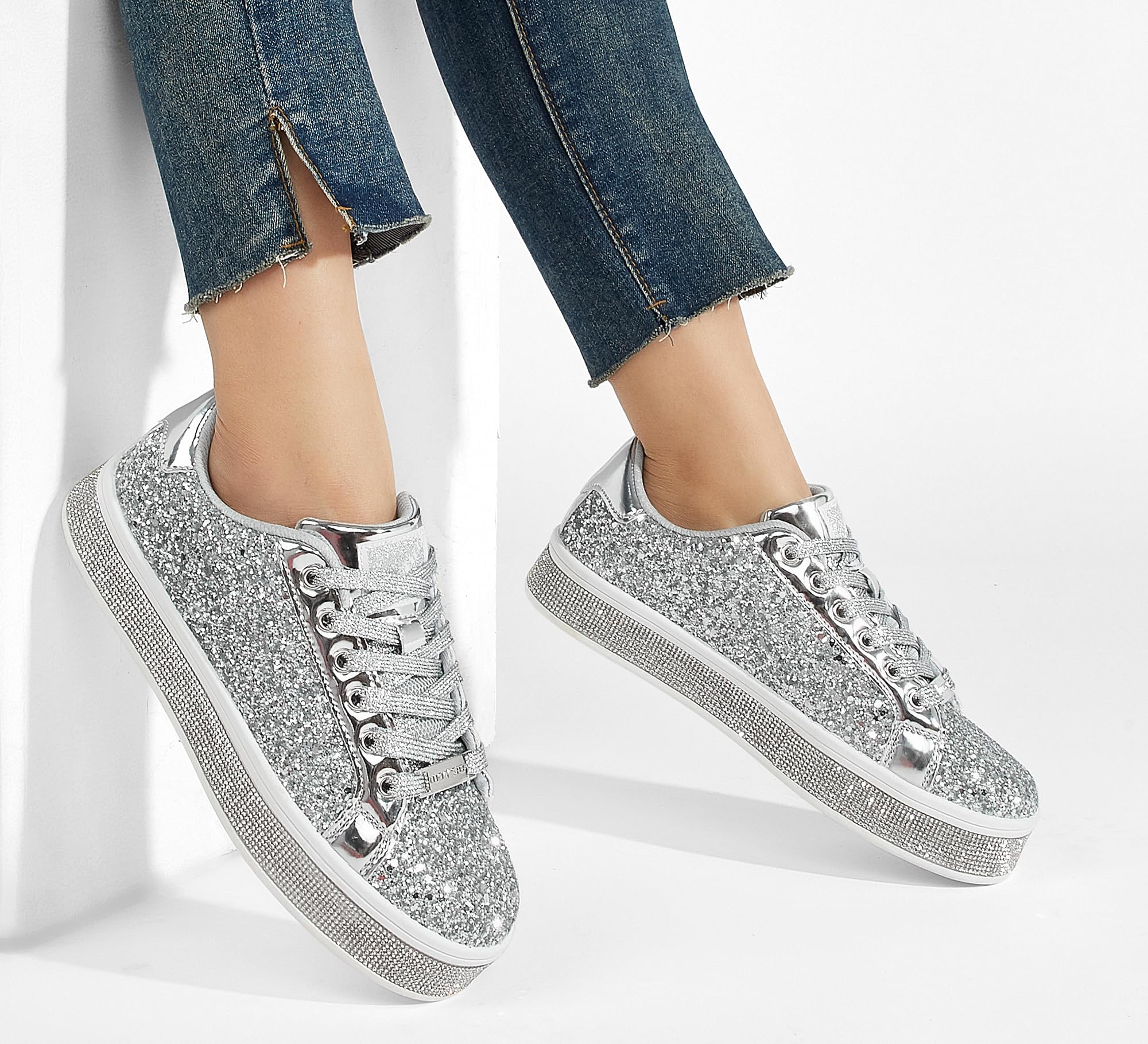 LUCKY STEP Women's Platform Sparkly Glitter Sneakers | Bling Shiny Dressy Bedazzled Wedding Bridal Fashion Walking Shoes