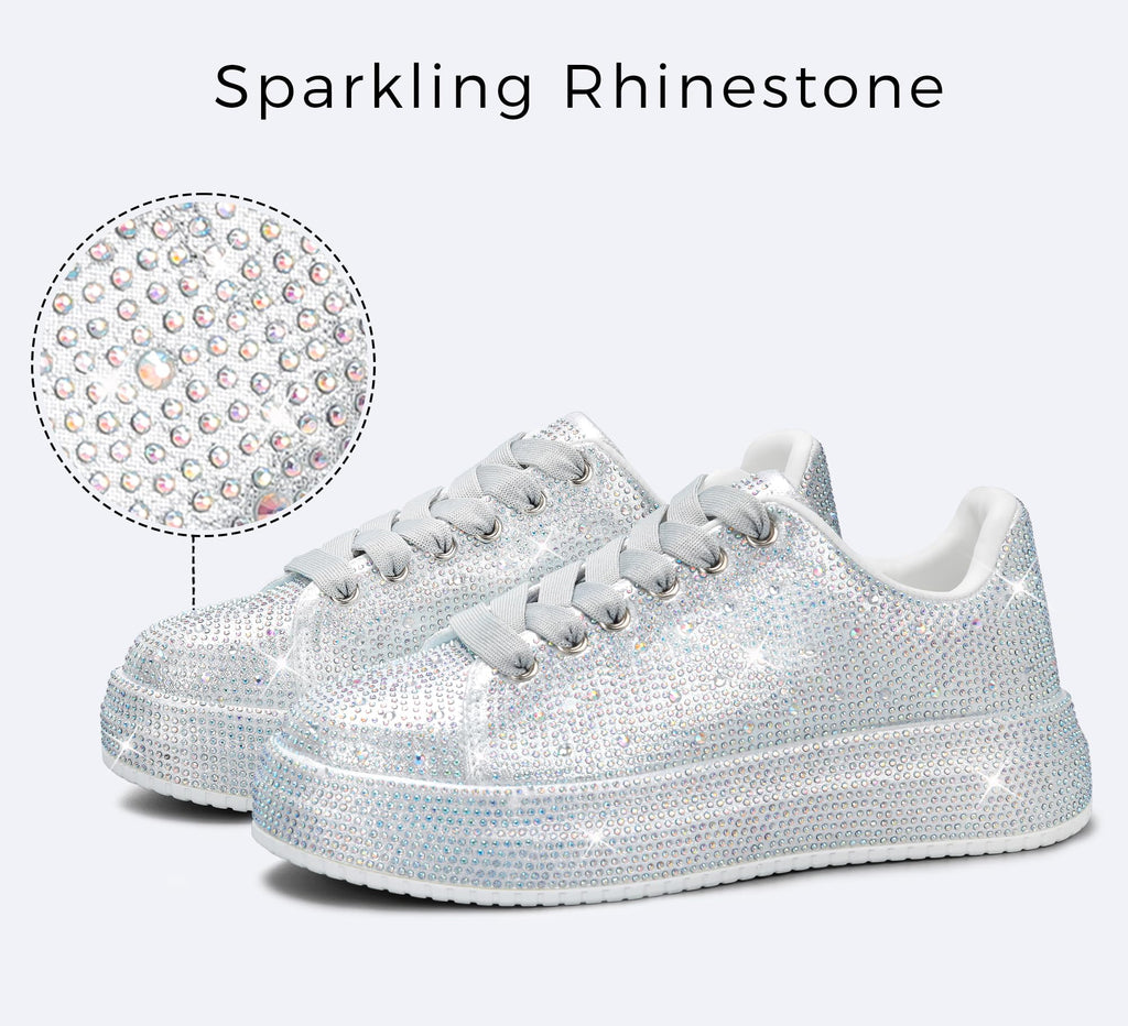 LUCKY STEP Rhinestone Platform Sneakers for Women | Sparkly Glitter Bling Tennis Shoes Fashion Wedding Party Walking Sneakers