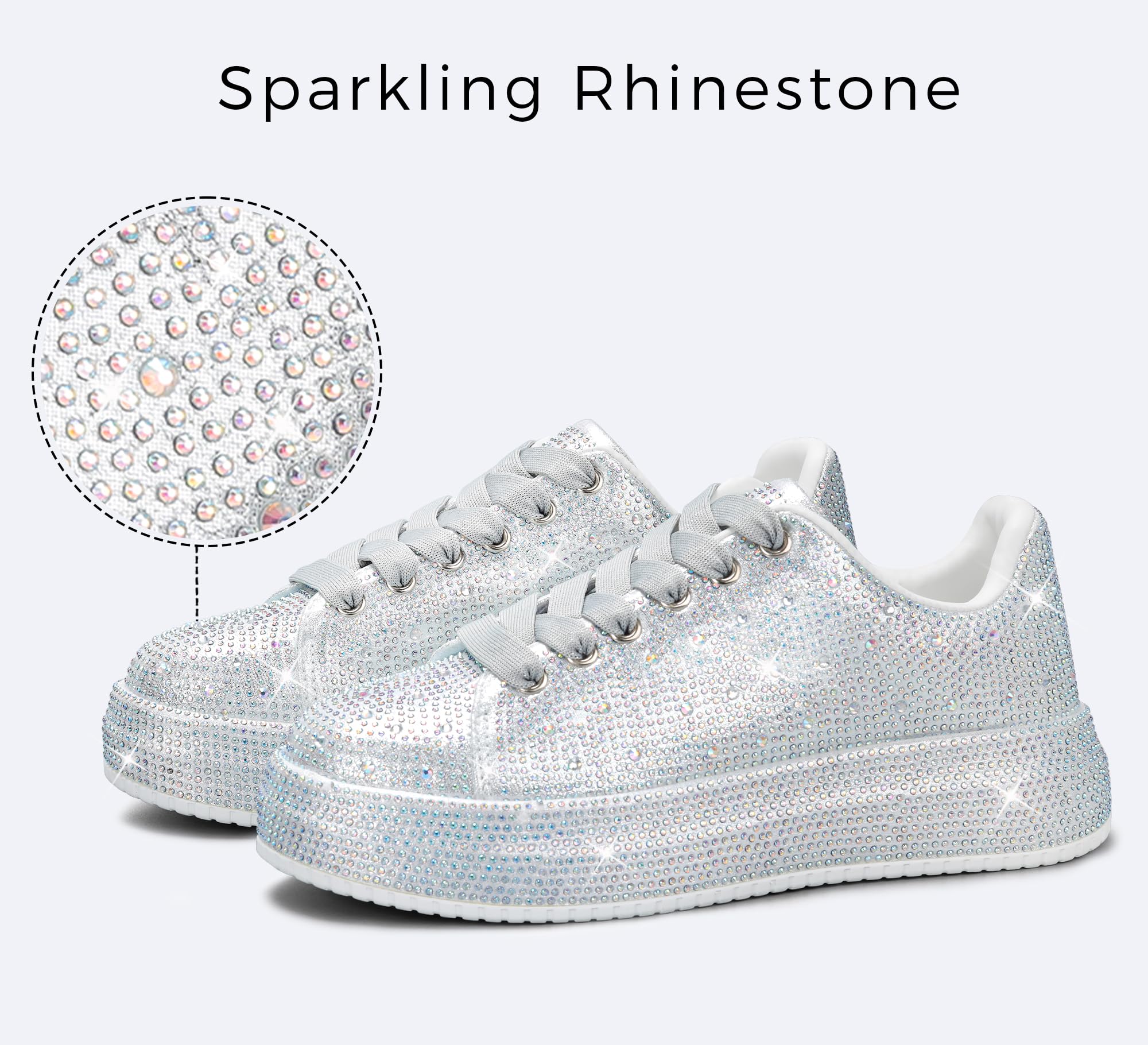 LUCKY STEP Rhinestone Platform Sneakers for Women | Sparkly Glitter Bling Tennis Shoes Fashion Wedding Party Walking Sneakers