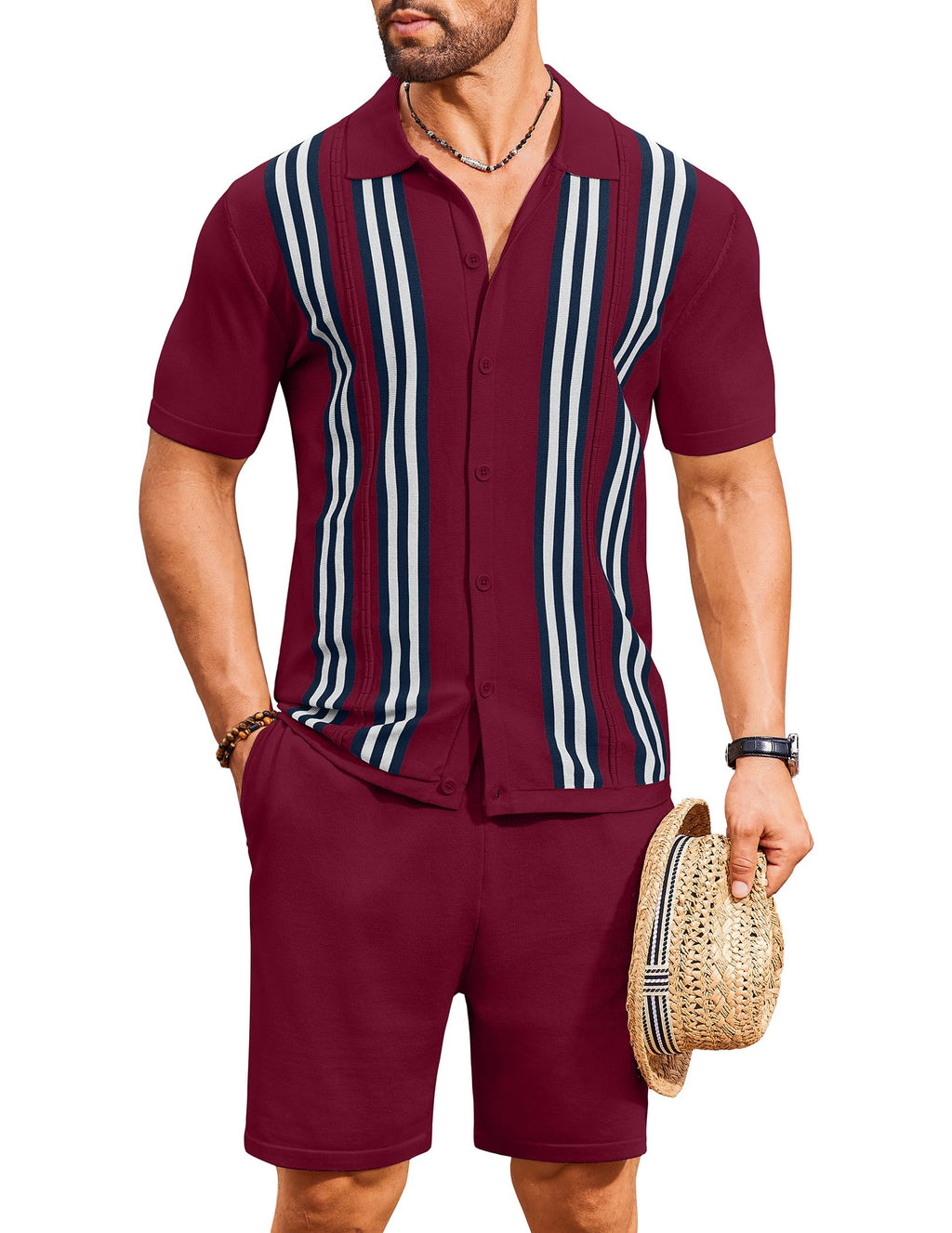 COOFANDY Men's 2 Piece Outfits Summer Short Sets Vintage Knit Button Down Shirt Short Sleeve Polo Casual Beach Suits