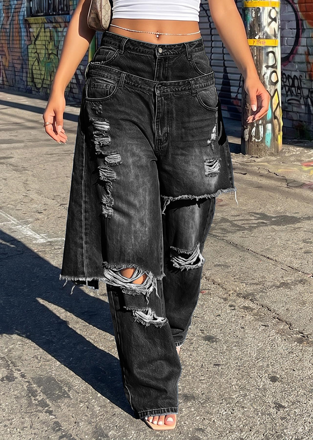 LKOUS Women's Ripped Baggy Jeans High Waist Wide Leg Patchwork Streetwear | Distressed, cutout, Y2K, hip hop, stretchy, soft, pocket, casual, concert, vintage. Machine wash