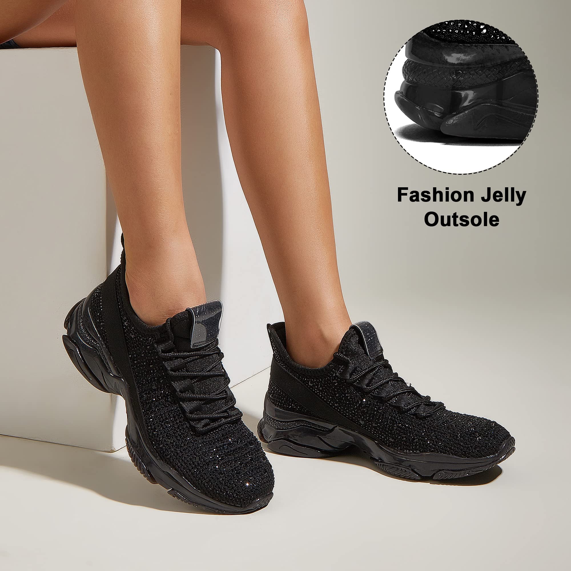 BELOS Women Rhinestone Mesh Slip On Walking Shoes | Fashion Breathable Spakle Glitter Sneaker
