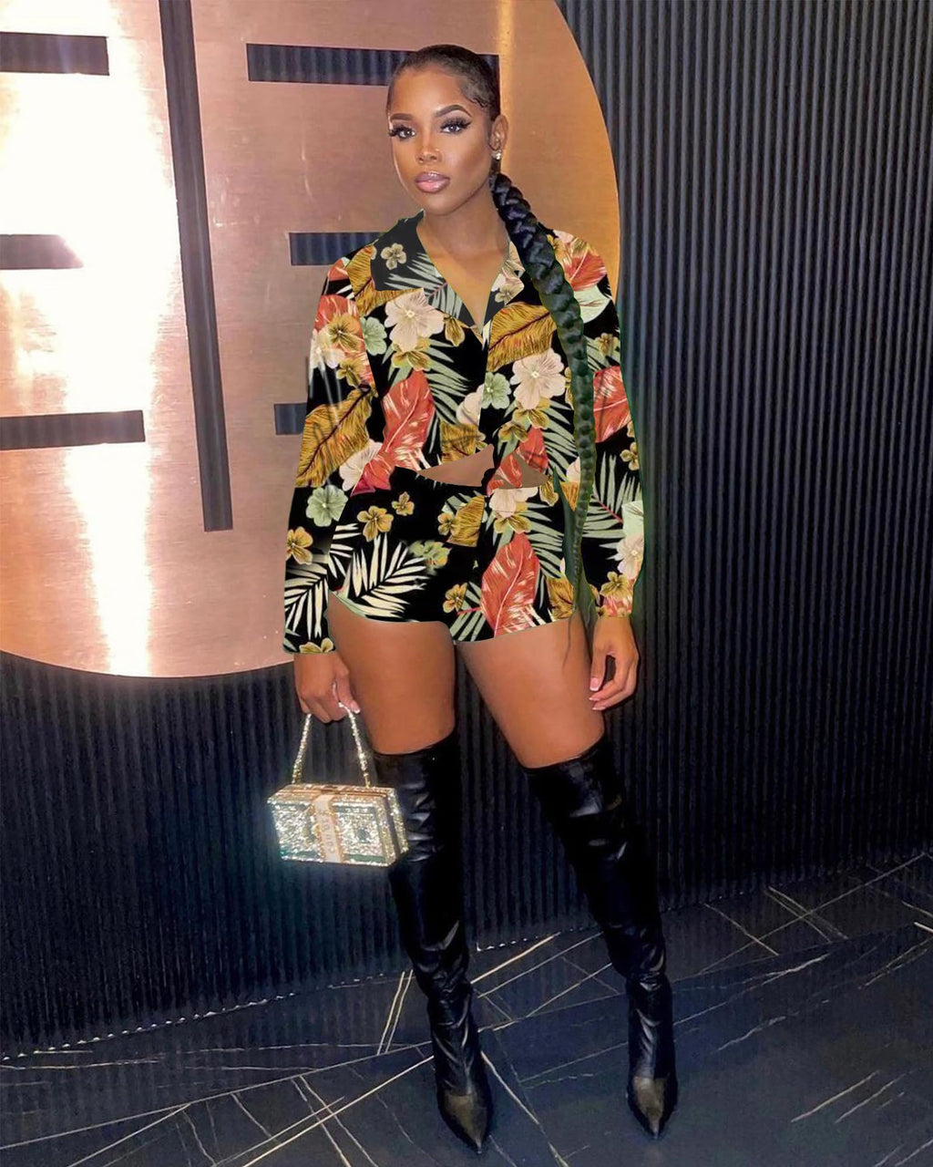 Women 2 Piece Outfit Sexy Printed Crop Top and Shorts Set | Tie Front, Long Sleeve, Matching Set, For Club Party Vacation