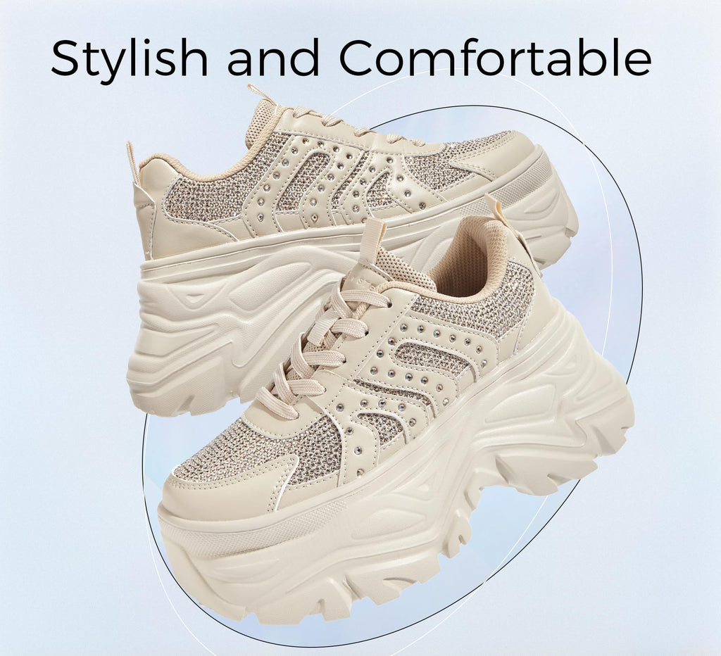 LUCKY STEP Women's Rhinestone Chunky Sneakers Breathable | Lightweight Running Non Slip Breathable Chunky