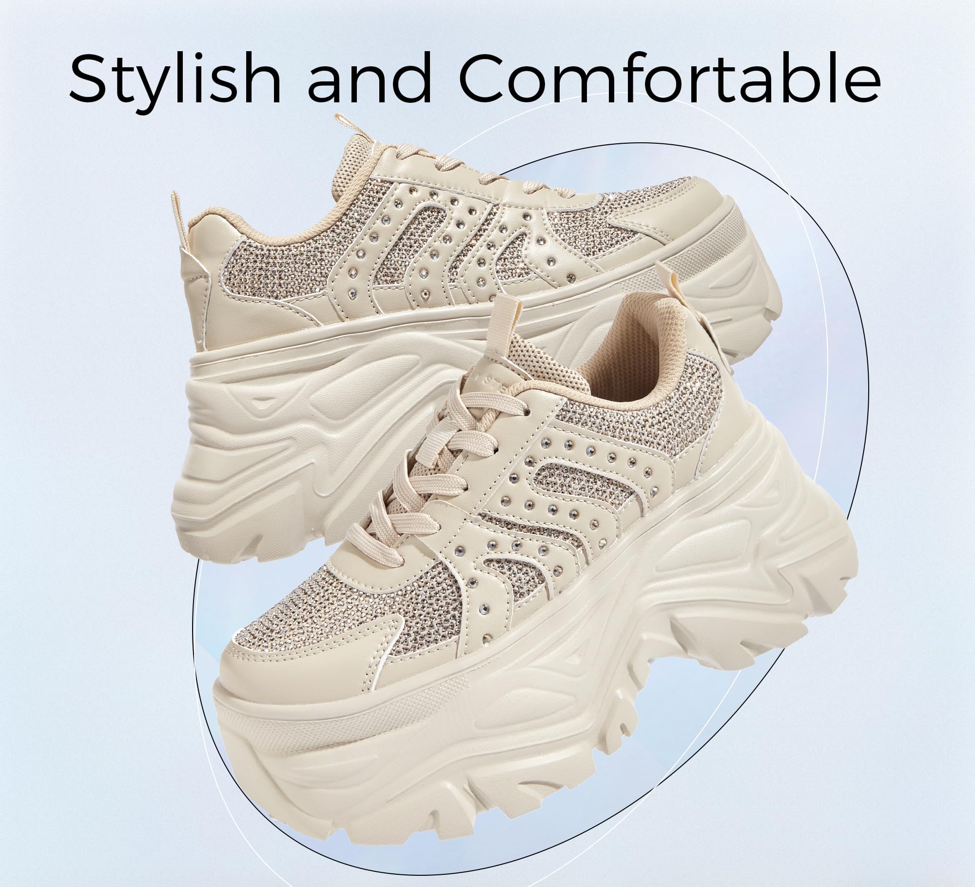 LUCKY STEP Women's Rhinestone Chunky Sneakers Breathable | Lightweight Running Non Slip Breathable Chunky