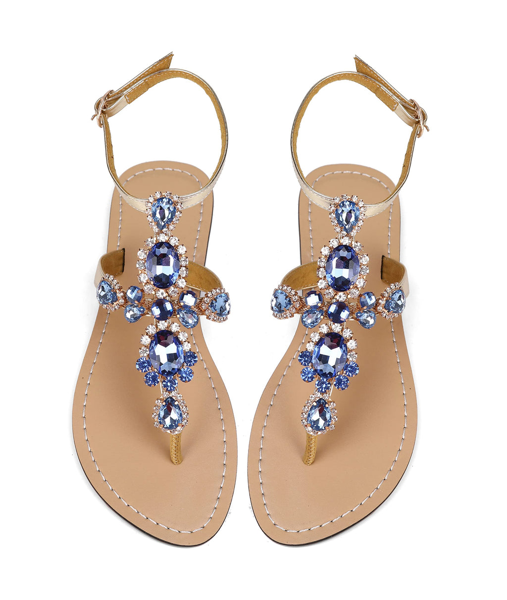 ZhuLinFeng Women'S Rhinestone Gladiator Sandals Flat Wedding Sandals Gem Pearl Sparkling Bridal Bridesmaid Sandals Blue Bohemian Sandals
