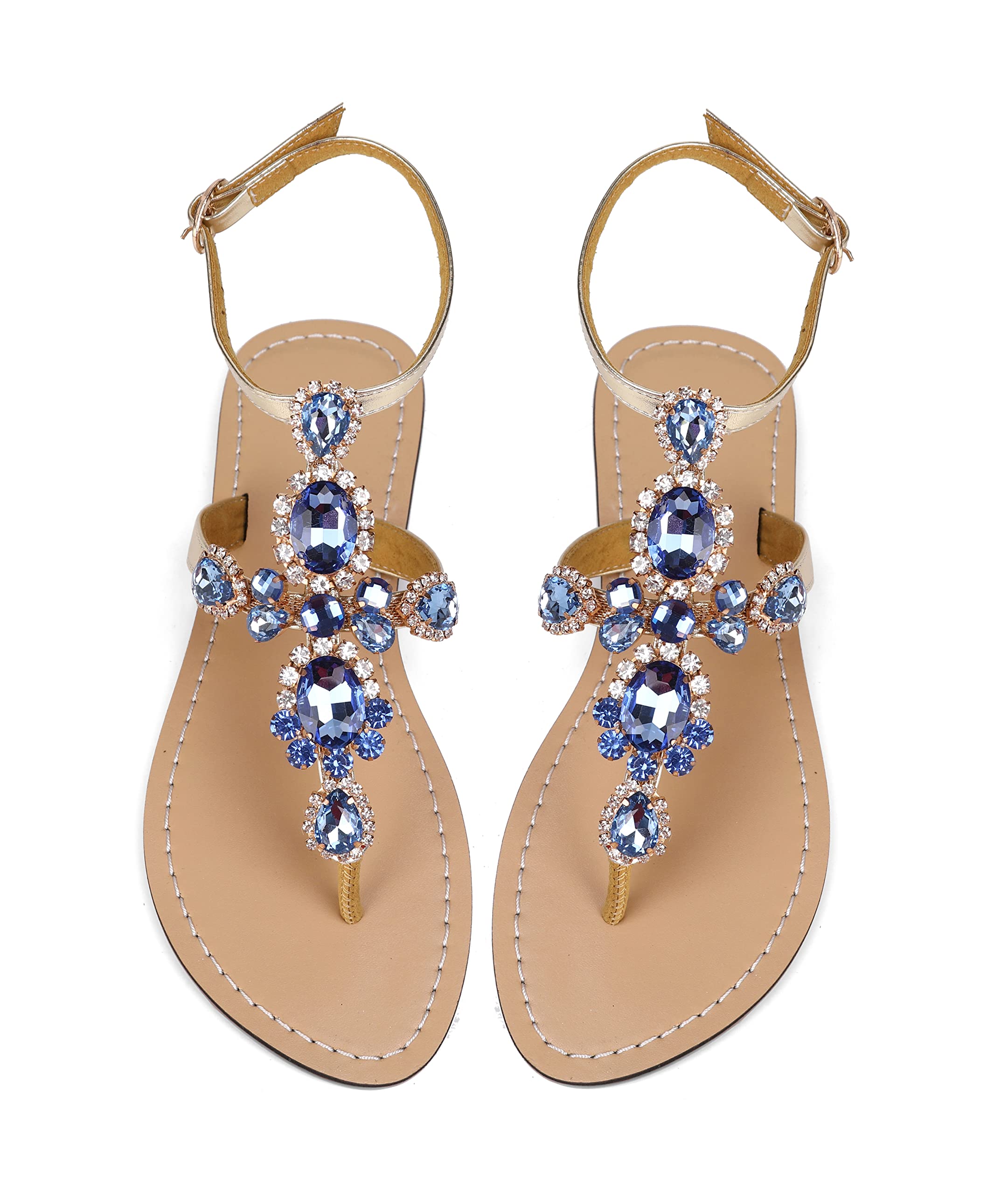 ZhuLinFeng Women'S Rhinestone Gladiator Sandals Flat Wedding Sandals Gem Pearl Sparkling Bridal Bridesmaid Sandals Blue Bohemian Sandals