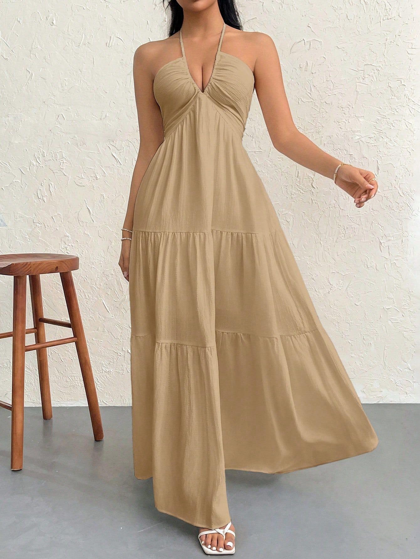 Narecte Women's Maxi Summer Dresses Halter V Neck Beach Dresses for Women A-Line Casual Dress for Vacation