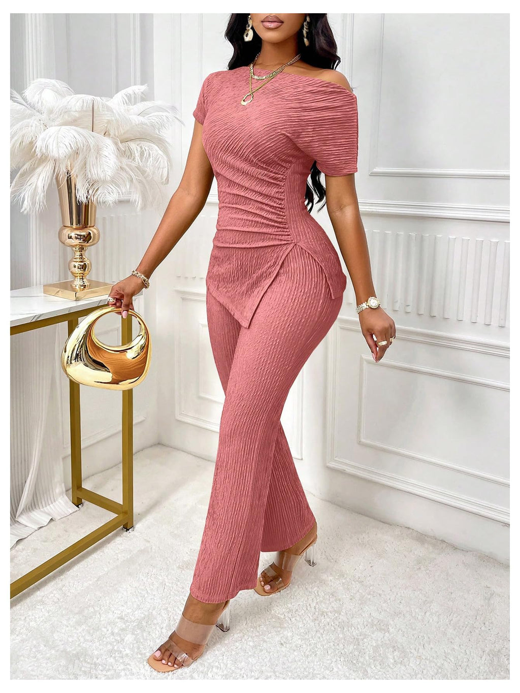 SOLY HUX Women's 2 Piece Outfit Short Sleeve Ruched T Shirt and Pants Set | Asymmetrical Neck, Going Out Set, Dressy, Summer Set
