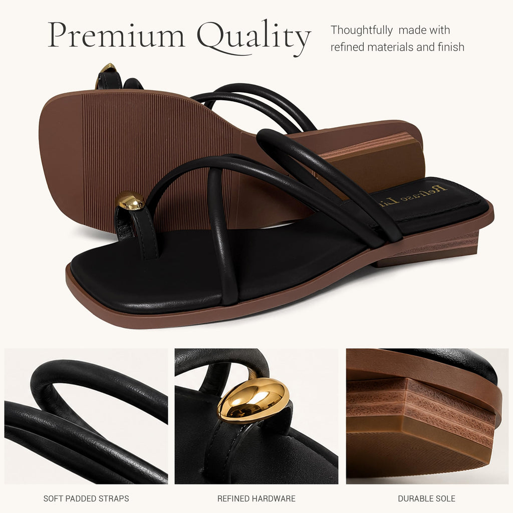 REFRASE LIFE Women's Toe Ring Slide Sandals Strappy Toe Loop Slip On Open Toe Flip Flops, Casual Summer Beach Shoes
