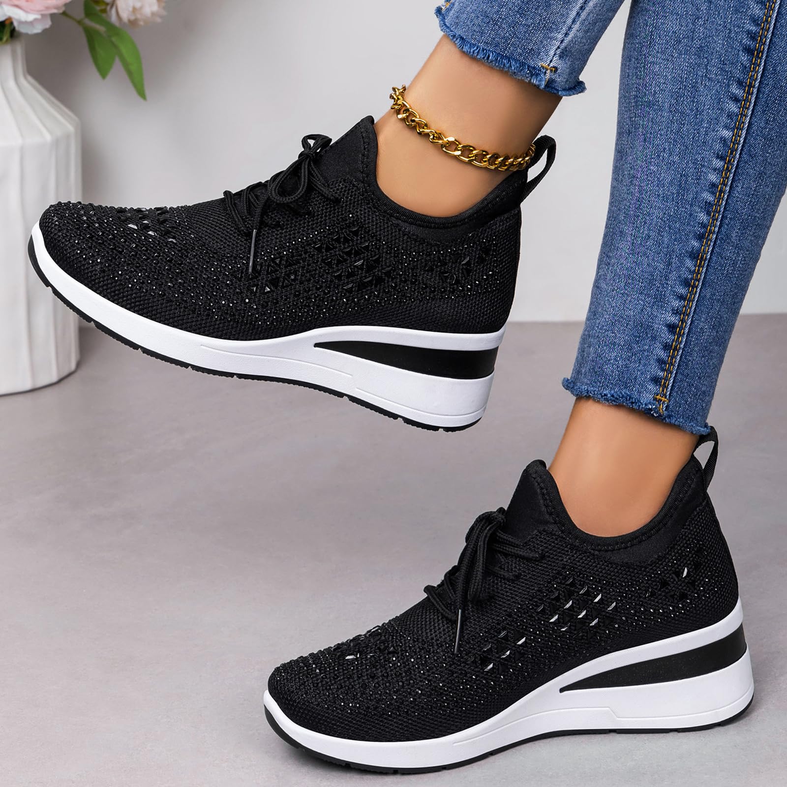 Glitter Rhinestone Wedge Sneakers with Lace-Up for Women Fashion Shiny Sequin Comfort Orthopedic Breathable Mesh Round Toe Soft Sole Tennis Walking Shoes