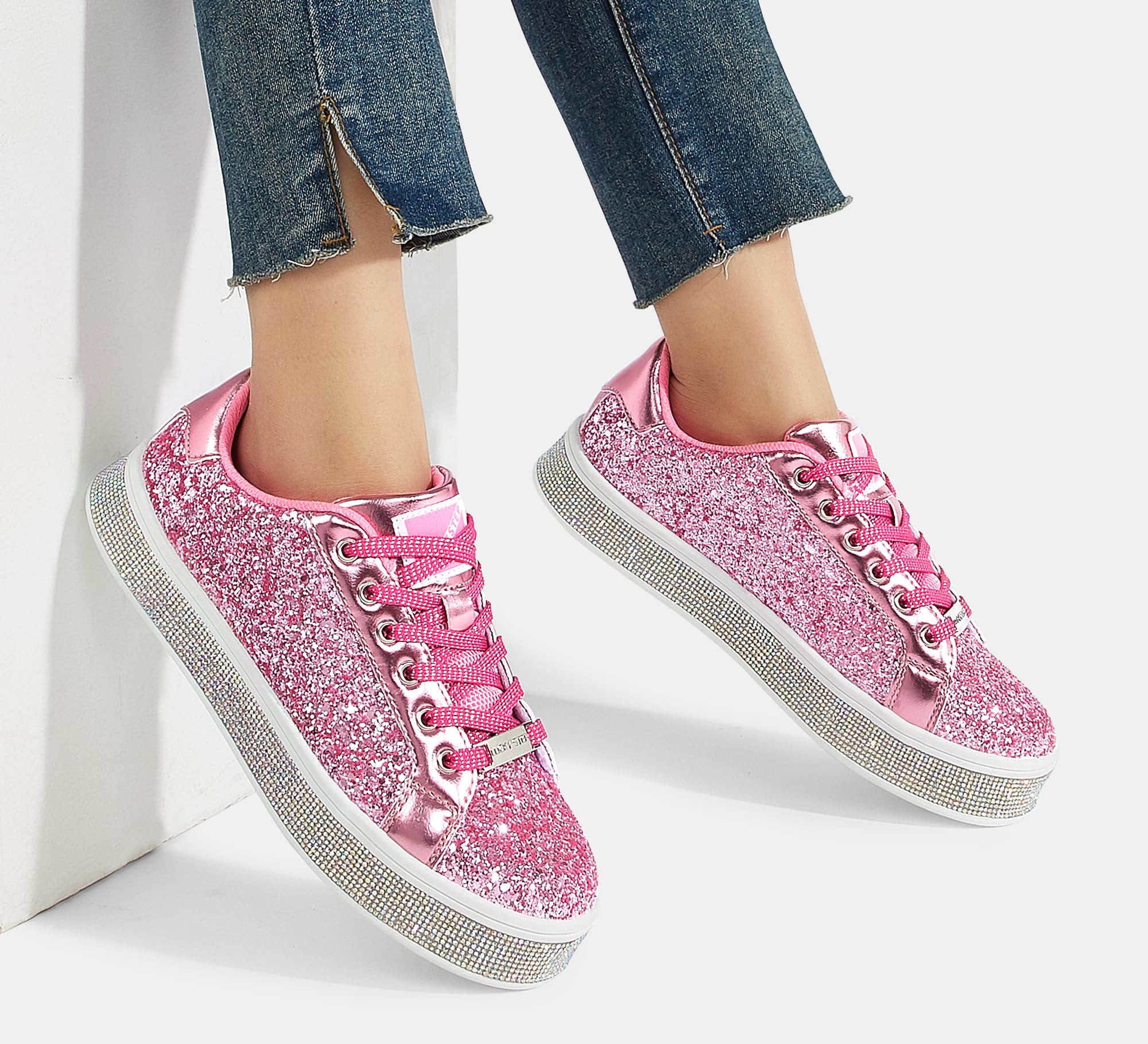 LUCKY STEP Women's Platform Sparkly Glitter Sneakers | Bling Shiny Dressy Bedazzled Wedding Bridal Fashion Walking Shoes
