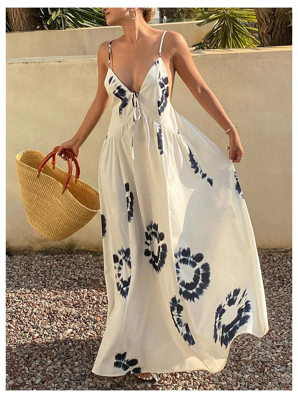 SOLY HUX Women's Boho Floral Print Backless Maxi Dress Tie Front Deep V Neck Sleeveless A Line Flowy Dresses