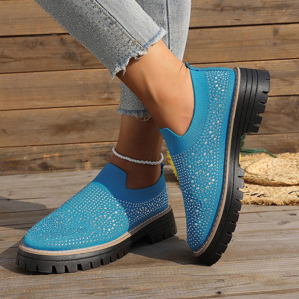 Women's Knit Rhinestone Platform Sock Sneakers Breathable Mesh Round Toe Slip On Lug Sole Loafers Lightweight Walking Sport Casual Shoes