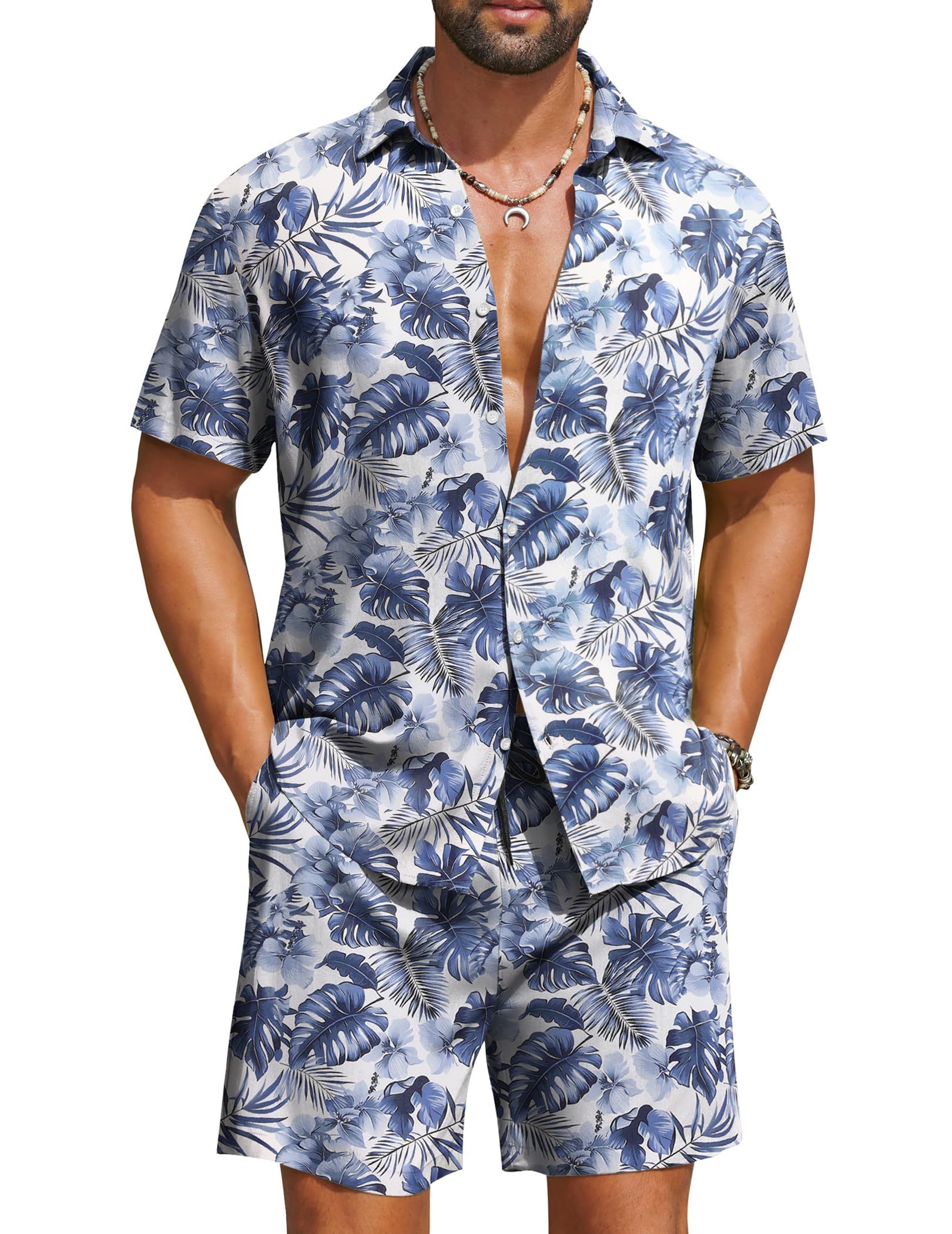 COOFANDY Men's Hawaiian Matching Set Summer Beach 2 Piece Outfits Flower Button Down Shirts and Shorts Vacation Outfits