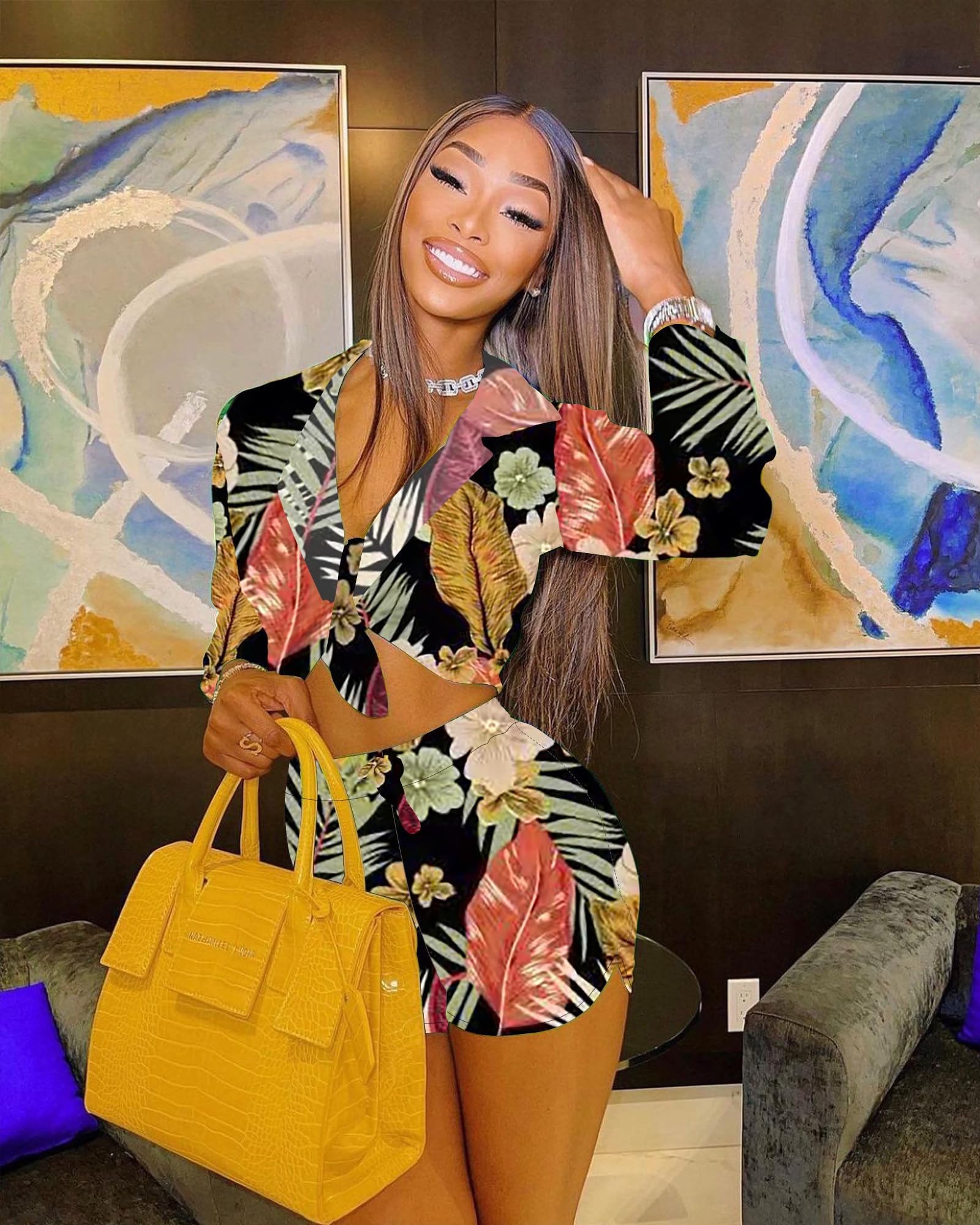 Women 2 Piece Outfit Sexy Printed Crop Top and Shorts Set | Tie Front, Long Sleeve, Matching Set, For Club Party Vacation