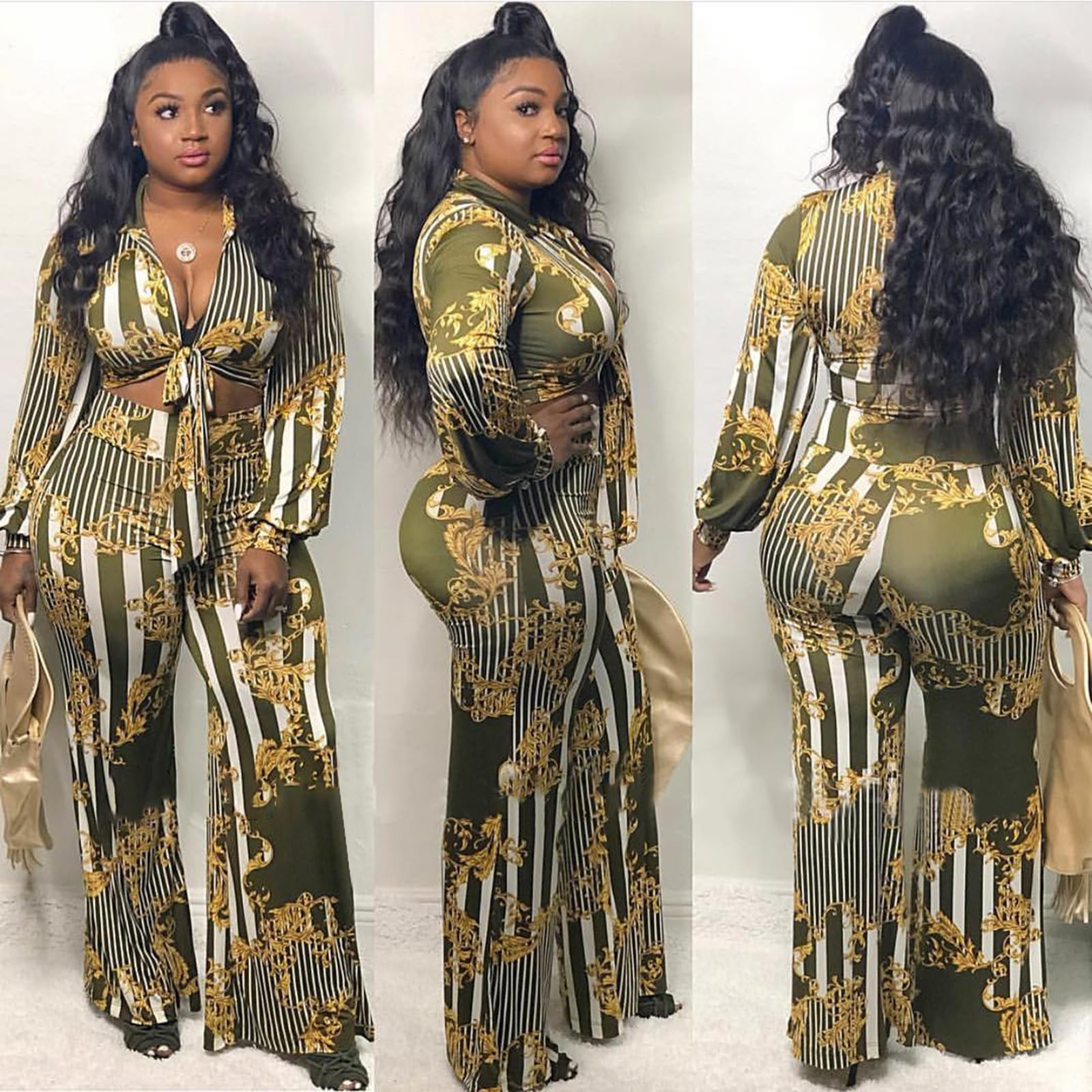 2 Piece Outfits for Women Sexy V Neck Print Shirts Tie Knot Batwing Blouses Crop Top Wide Leg Pants Set