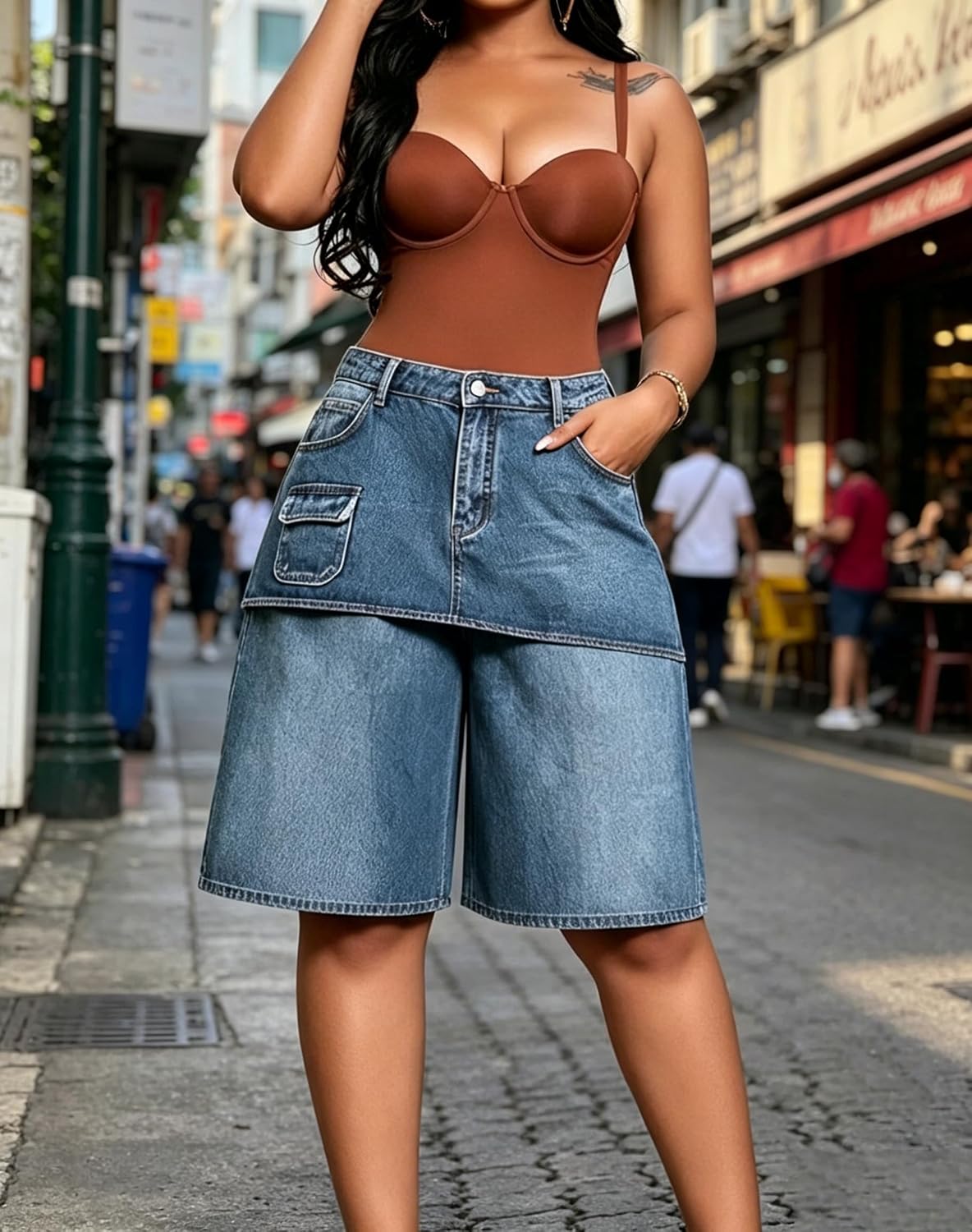 Women's Plus Size Cargo Jean Shorts Asymmetrical Patchwork Jorts | Baggy,High Waisted,Wide Leg,Overlay Skirt,Knee Length,Stretchy,Bermuda Shorts,with Pockets,Y2K Streetwear