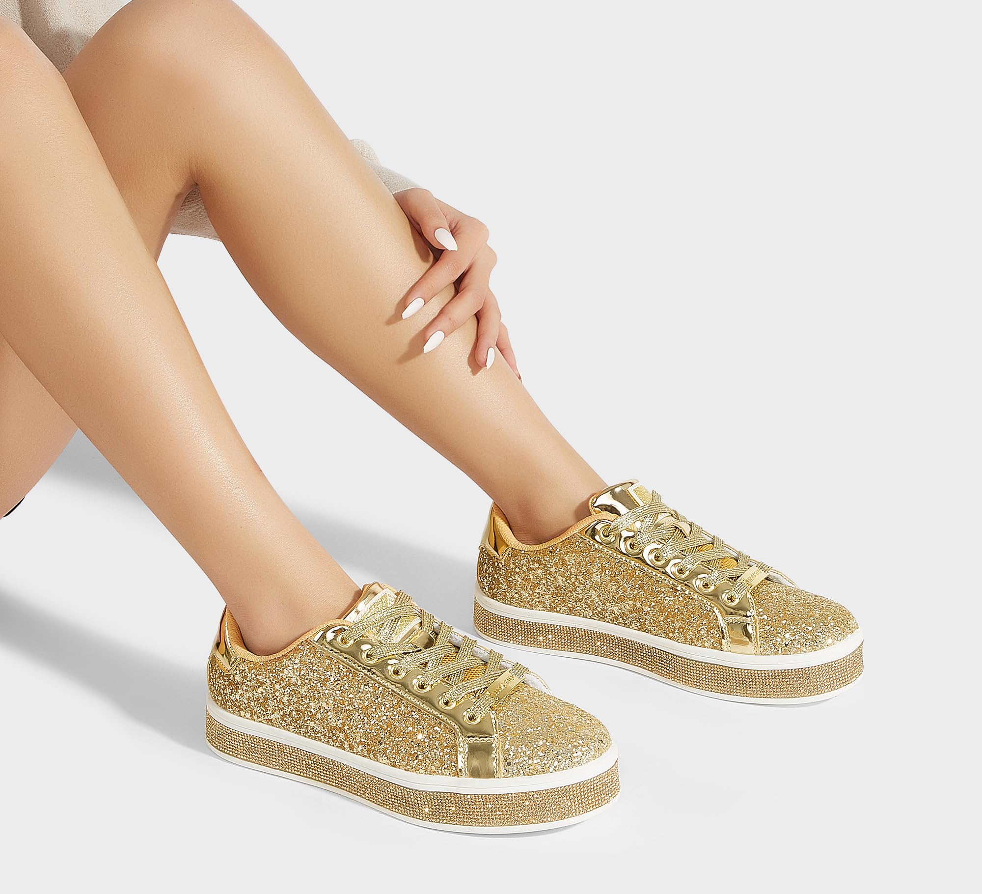 LUCKY STEP Women's Platform Sparkly Glitter Sneakers | Bling Shiny Dressy Bedazzled Wedding Bridal Fashion Walking Shoes