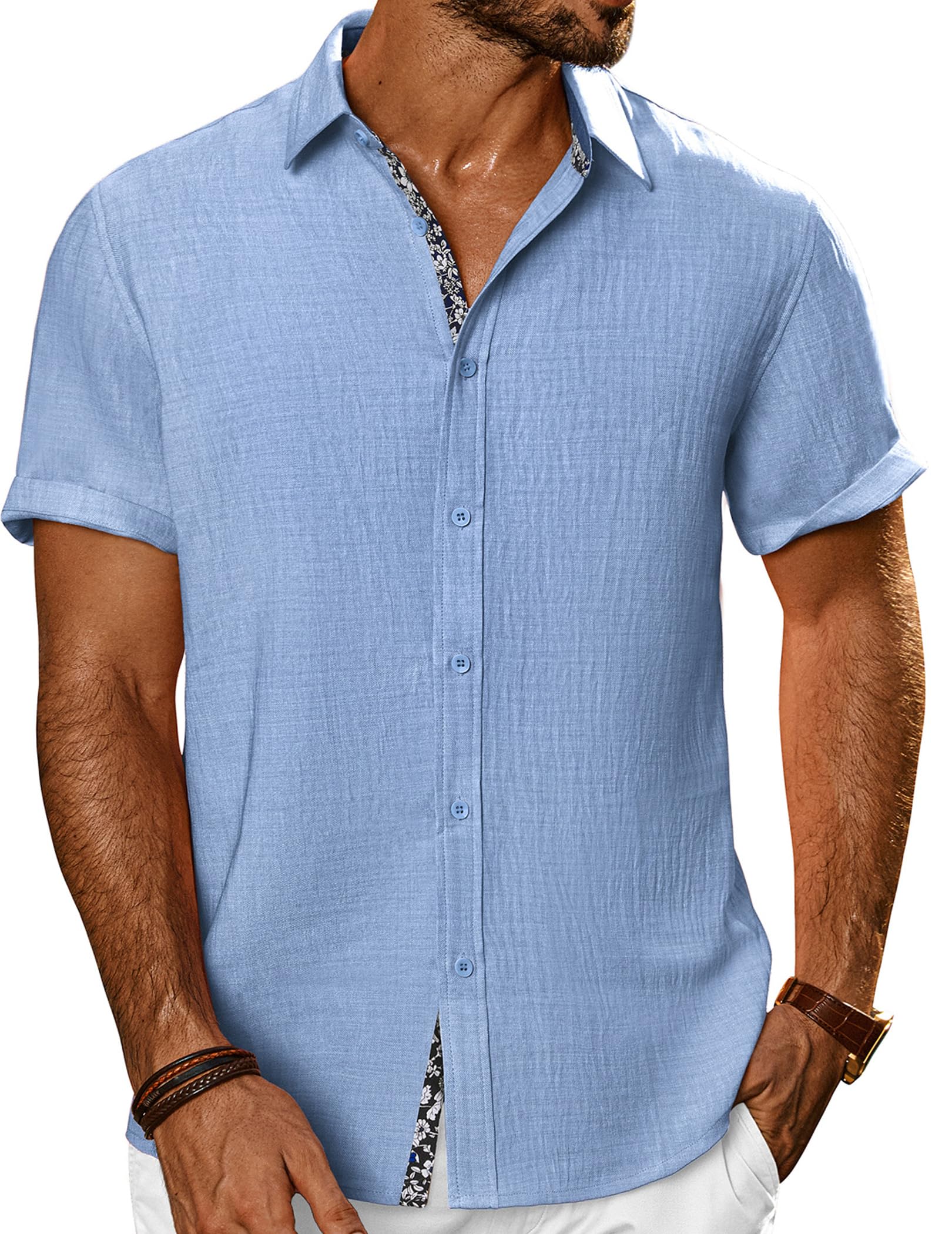 PJ PAUL JONES Mens Short Sleeve Button Down Shirts Casual Summer Clothing | Linen Textured, Summer Beach Vacation Tops, Untucked Dress Shirt, Lightweight, Regular Fit, Fashion Resort Wear