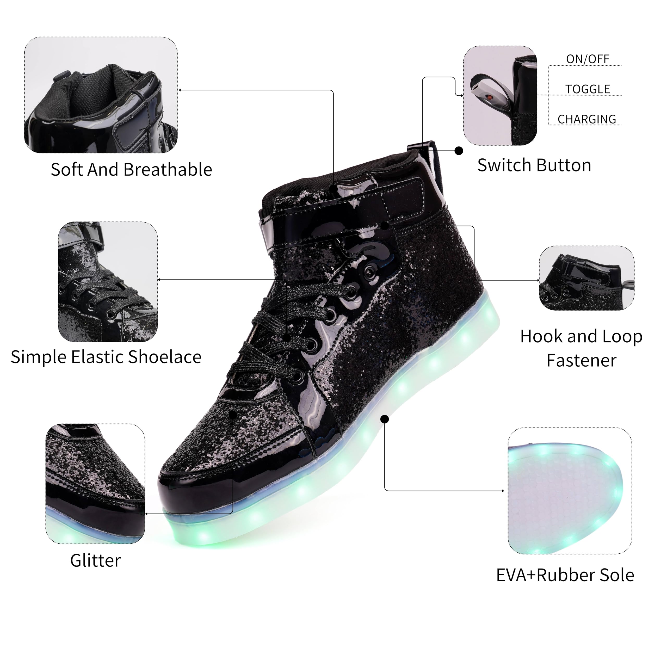 Glitter Led Shoes Light Up Shoes High Top Sneakers for Women Men Flashing Dancing Shoes for Halloween Christmas Party with USB Charging