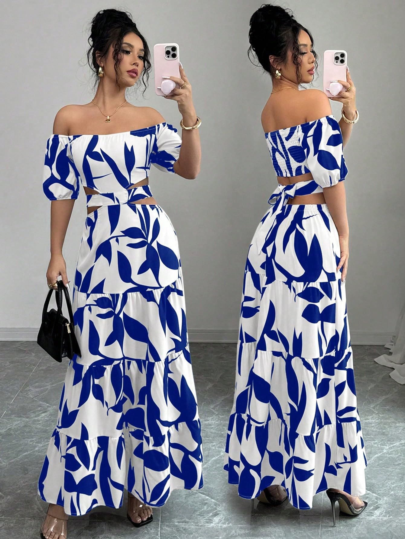 Women's Boho Off The Shoulder Short Sleeve Maxi Dresses Casual Summer Tiered Ruffle Swing Cut Out Flowy Dress