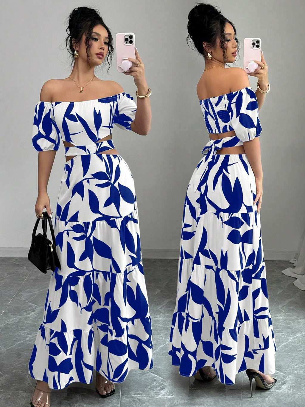 Women's Boho Off The Shoulder Short Sleeve Maxi Dresses Casual Summer Tiered Ruffle Swing Cut Out Flowy Dress