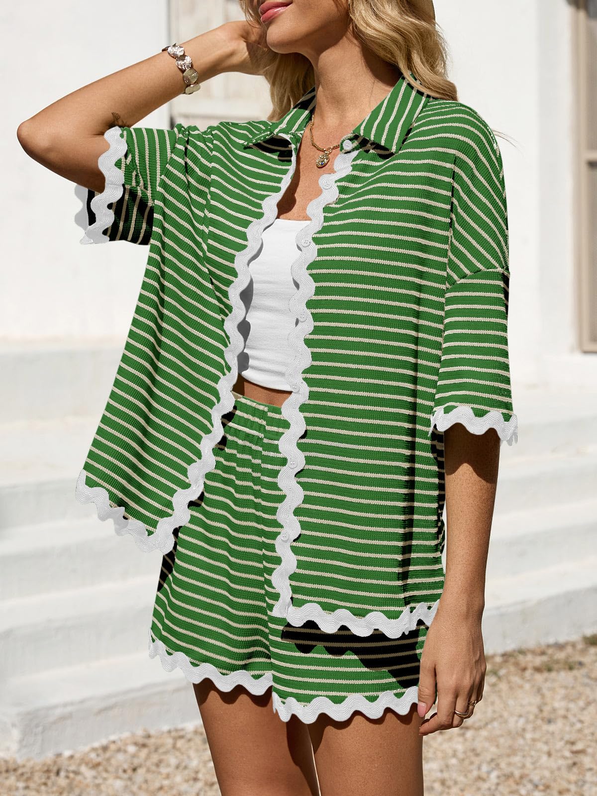 Tankaneo Womens 2 Piece Outfit Lounge Set Striped Summer Matching Sets | Summer, Short Sleeve, Button Down Shirts and Shorts, Lounge Set, Matching Sets
