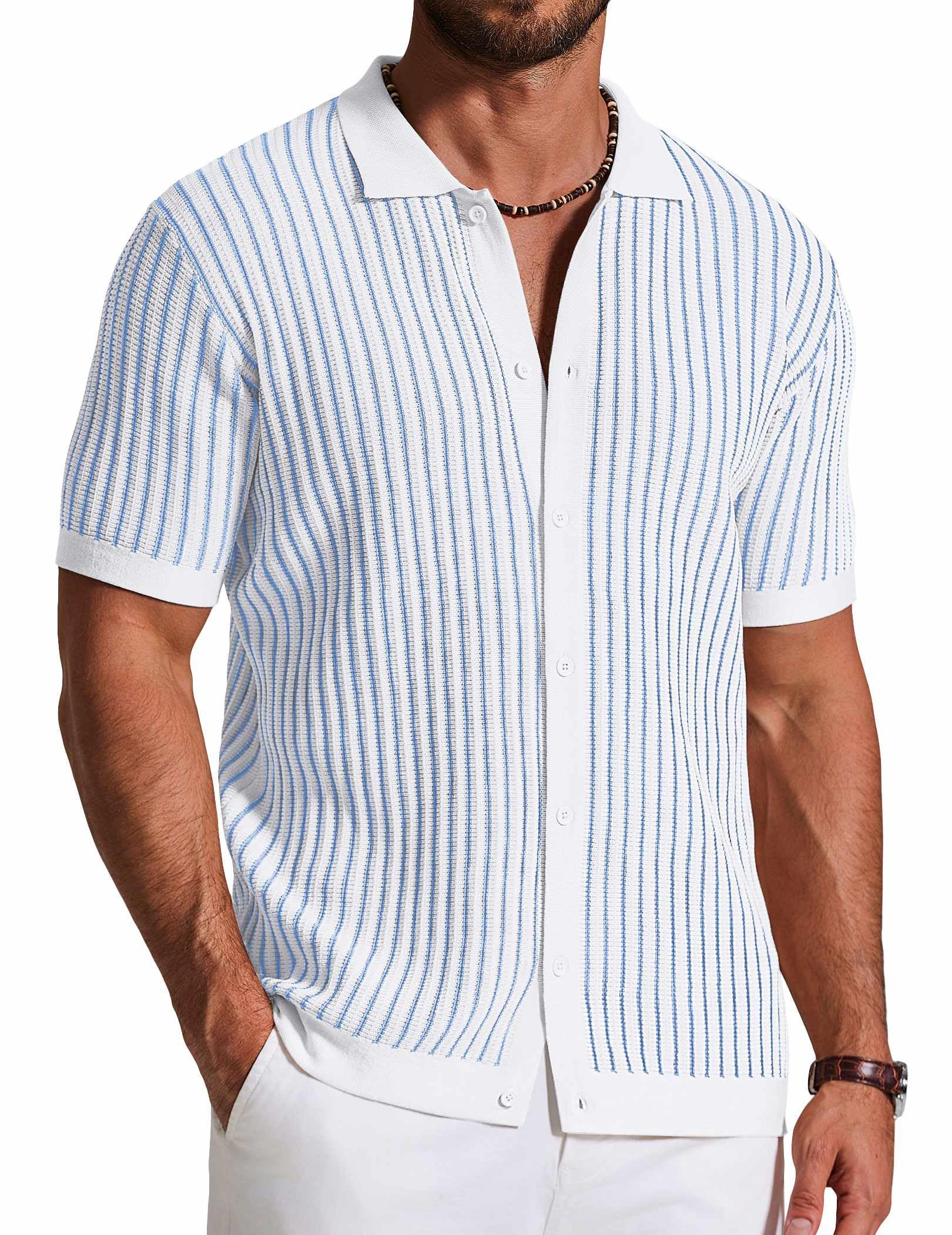 COOFANDY Mens Knit Button Down Shirts Short Sleeve Polo Shirt Vintage Striped Casual Shirts