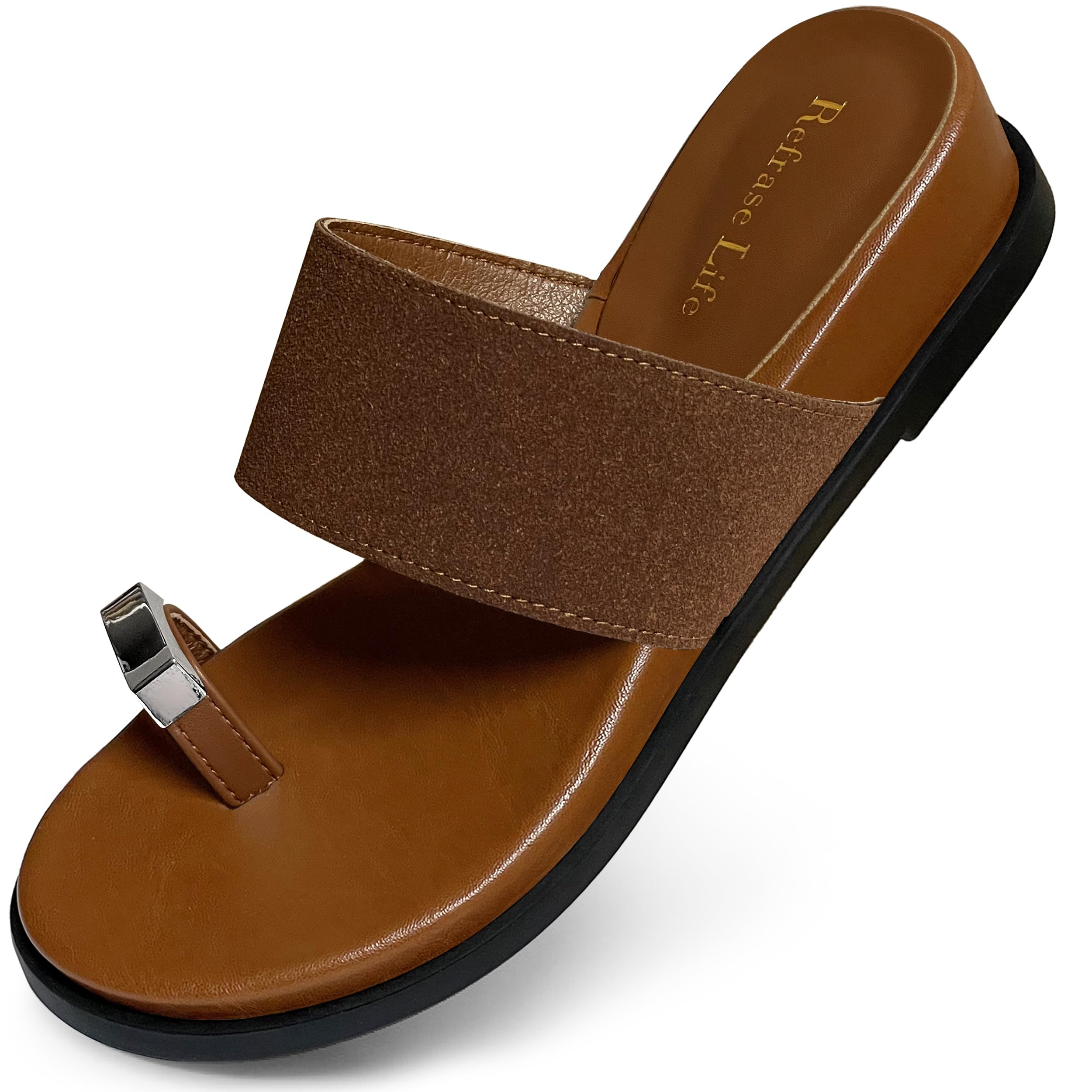 REFRASE LIFE Women's Toe Ring Slide Sandals Strappy Toe Loop Slip On Open Toe Flip Flops, Casual Summer Beach Shoes