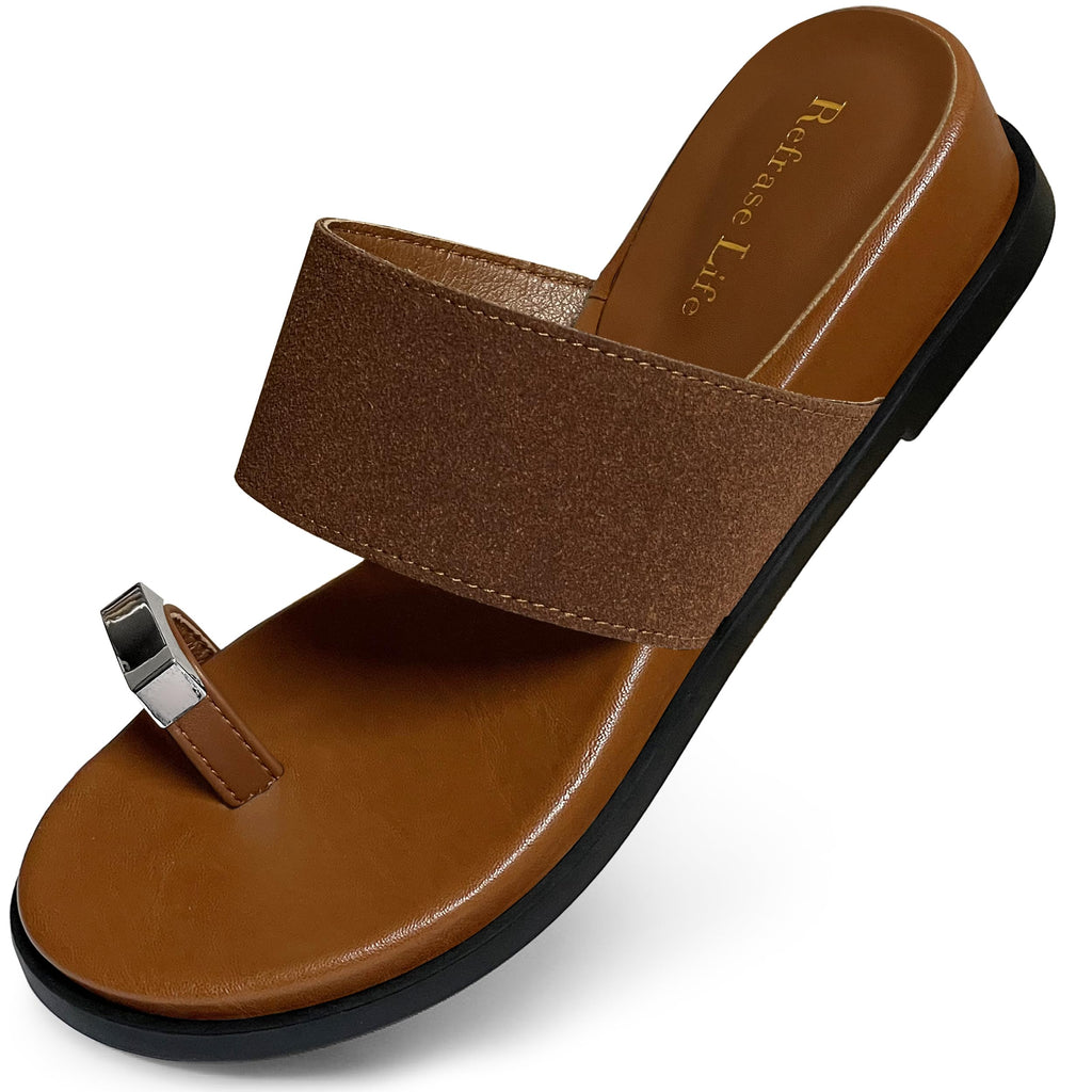 REFRASE LIFE Women's Toe Ring Slide Sandals Strappy Toe Loop Slip On Open Toe Flip Flops, Casual Summer Beach Shoes