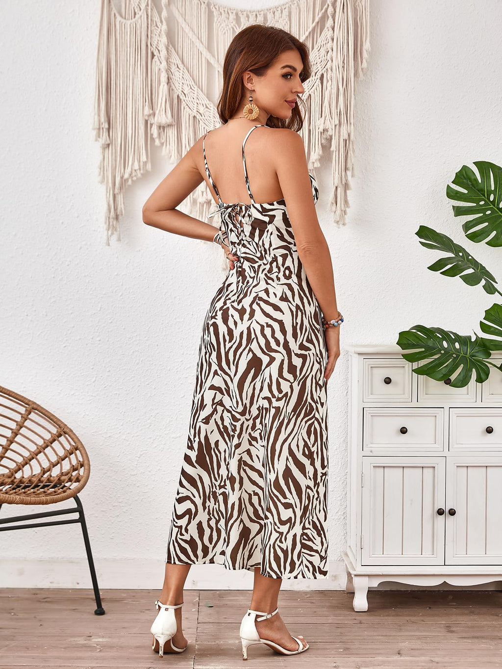 Floerns Women's Leopard Print Draped Collar Spaghetti Strap Cami Long Dress | Cheetah, Animal Print, Cowl Neck, Draped, Western, Concert, Going Out, Corset Maxi Dresses
