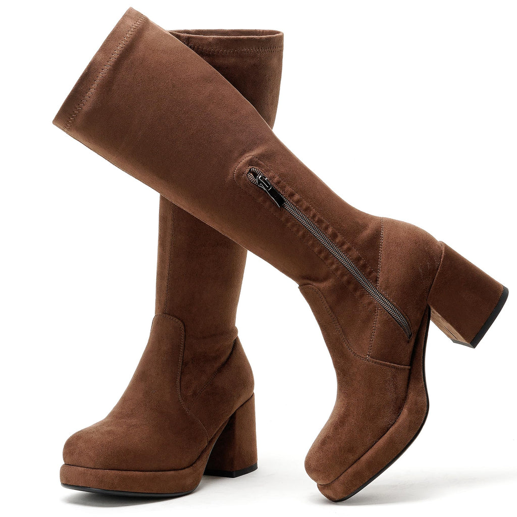 LanreyTaley Elastic Women Knee High Boots Platform Chunky Heel Tall Boots Suede Dress Boots Side Zipper Stretch Boots Fall
