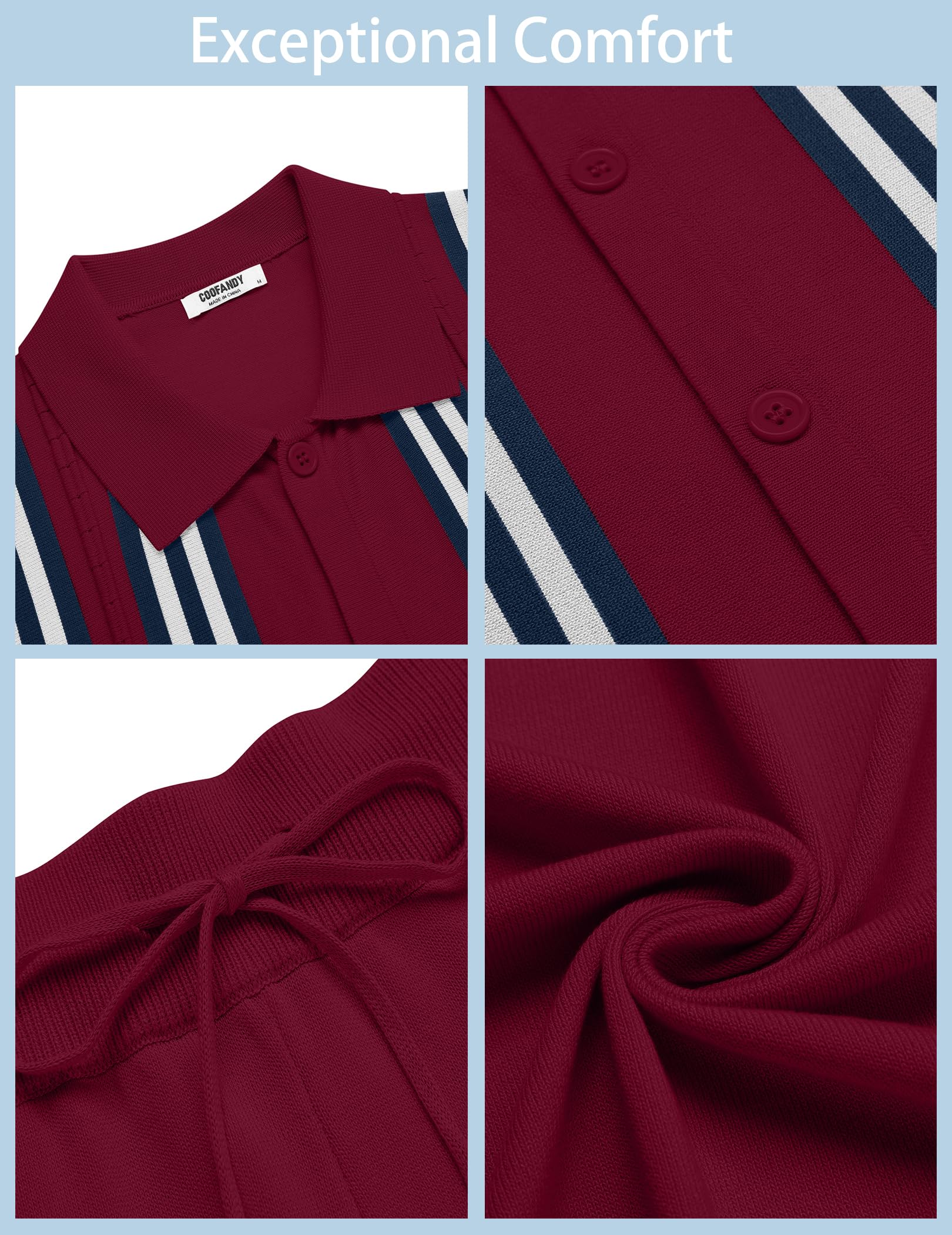 COOFANDY Men's 2 Piece Outfits Summer Short Sets Vintage Knit Button Down Shirt Short Sleeve Polo Casual Beach Suits