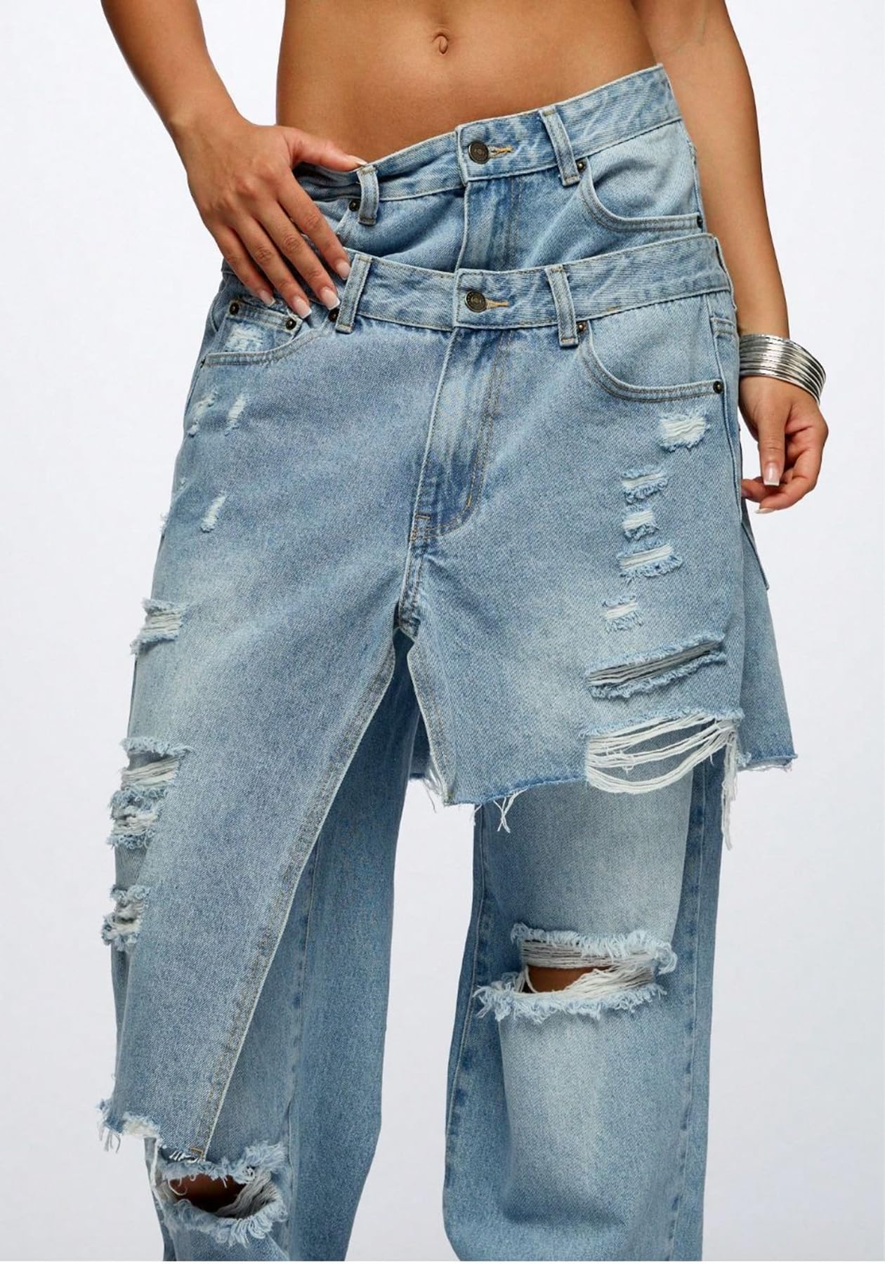LKOUS Women's Ripped Baggy Jeans High Waist Wide Leg Patchwork Streetwear | Distressed, cutout, Y2K, hip hop, stretchy, soft, pocket, casual, concert, vintage. Machine wash